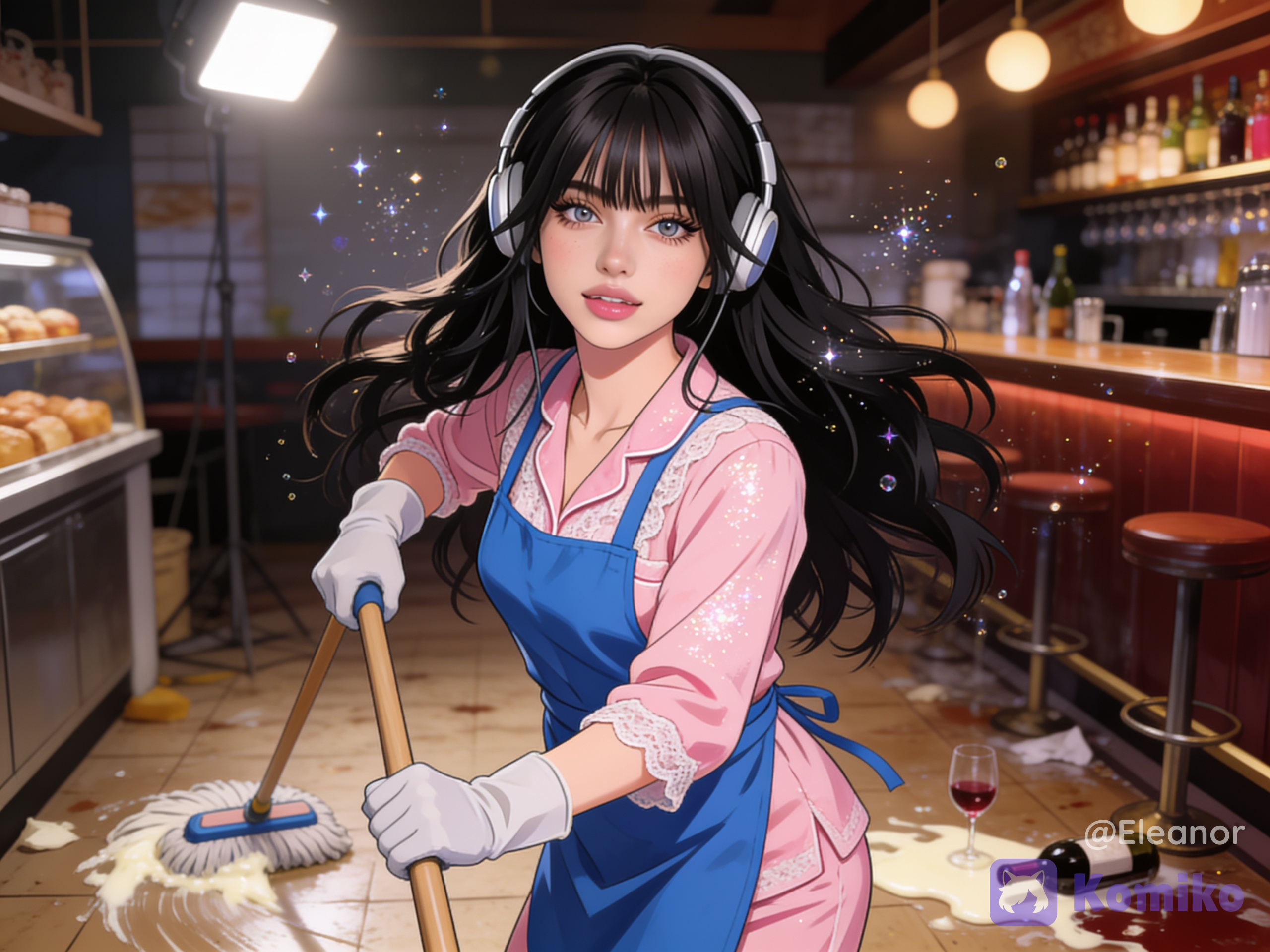 [semi-realistic-portrait-style]After @eleanor-tBfY saw the messy state of the bakery-bar she changed her clothes into a pink pajama, wears her blue apron and turns the light on, then she puts on her headphones and starts cleaning the messy dirty large bar-bakery, wearing gloves as her both hands grib the mop as she wipes off the cream, wine filled floor, shes smiling and dancing while cleaning, her smile reaching her eyes, she dances while shes wiping the floor, looking really pretty while doing it, having so much fun, fair skin with visible texture and subtle pink blush across the cheeks, black winged eyeliner and natural lashes, glossy pinkish lips slightly parted, wide eyes, black outer edges directly against her nose and upper lip, soft diffused lighting, shallow depth of field keeping the face, high-resolution detail revealing individual strands of hair, lace texture, warm natural color grading with soft skin tones,with balanced negative space around the face. sparkle, sparkles, glitter, glittery skin, glimmer