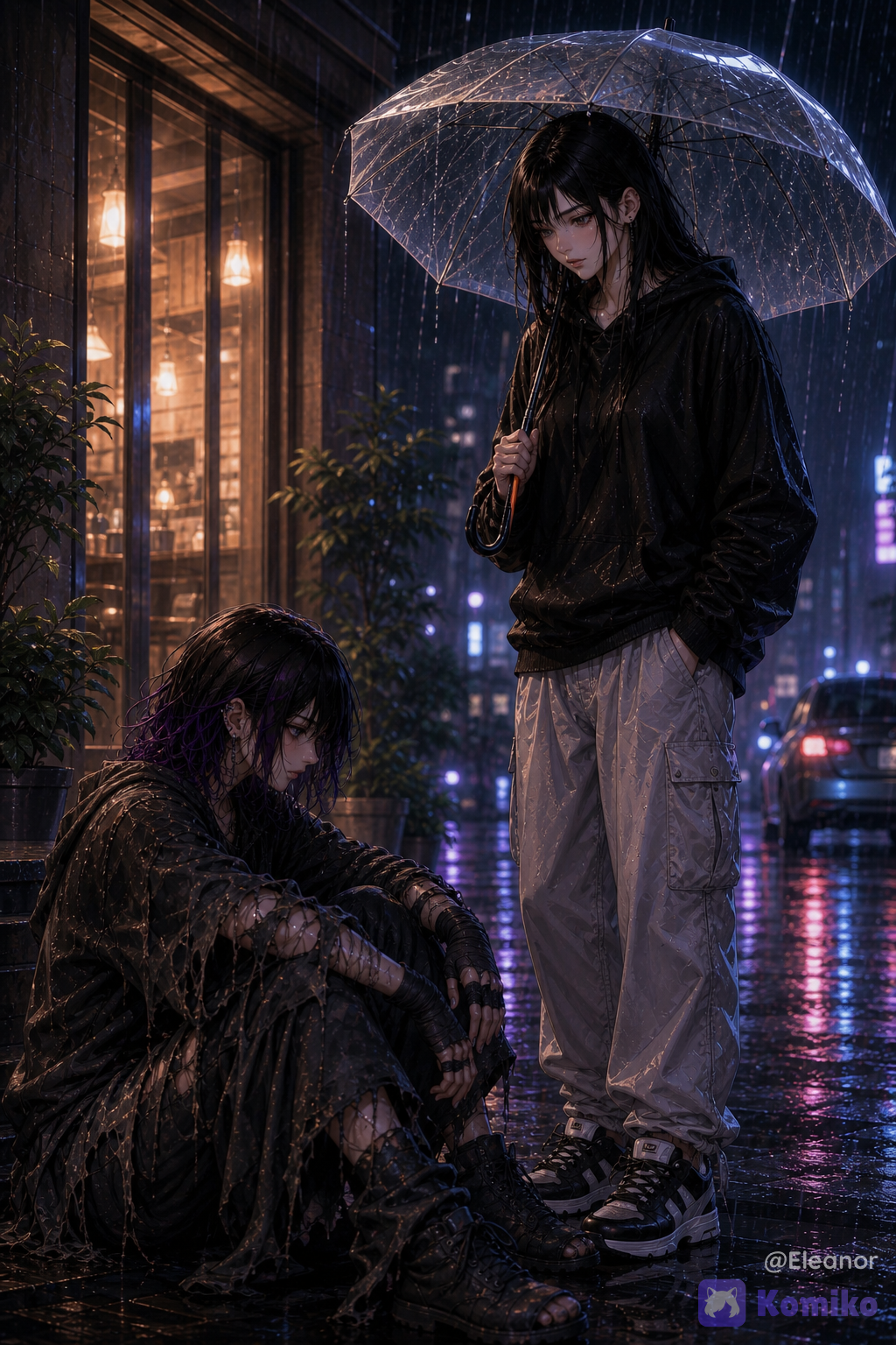 Im gonna call @eleanor-tBfY as “Ella” and @venum-T9i8 as “Venum” On a rainy night outside **Ella’s Bakery • Bar**, @eleanor-tBfY stands on the right beneath a large transparent umbrella, looking down at @venum-T9i8 with a gentle, concerned expression. Ella has her established **long, silky black hair with wispy bangs, fair skin, delicate doll-like features**, and wears a **loose black hoodie, baggy light-gray cargo pants, and black-and-white sneakers**; Venum sits on the wet pavement in the lower-left foreground with her knees drawn up, looking exhausted and cold, wearing **tattered, soaked dark clothing and fingerless hand wraps**, with her established **short messy black bob, subtle purple/violet highlights, violet eyes, and small earrings** visible. The bakery behind them glows warmly through its large windows, with the illuminated **“ELLA’S BAKERY • BAR”** sign above the entrance, while the surrounding nighttime city is filled with rain, blurred streetlights, purple-blue neon, distant cars, plants, and colorful reflections across the wet pavement. **Neither character is visibly speaking in this moment and there are no speech bubbles**; Ella is silently observing Venum after discovering her outside. The image is framed vertically in **4:5**, with Ella standing tall on the right and Venum seated lower in the left foreground, creating depth and emphasizing the contrast between Ella’s warmth and Venum’s difficult circumstances. two female characters, young adult women, long silky black hair, wispy bangs, fair porcelain skin, delicate doll-like facial features, feminine anime face, soft natural makeup, short messy black bob, subtle violet-purple highlights, violet eyes, multiple small earrings, oversized black hoodie, loose black hoodie, baggy light-gray cargo pants, black-and-white sneakers, tattered dark clothing, ripped worn-out clothes, soaked clothing, fingerless hand wraps, athletic feminine build, strong slightly muscular physique, exhausted woman sitting on pavement, knees drawn up, vulnerable posture, concerned woman standing, gentle concerned expression, transparent umbrella, clear dome umbrella, hand holding umbrella handle, rainy night, heavy rainfall, wet pavement, puddles, realistic rain droplets, reflective street, nighttime urban street, bakery exterior, glowing bakery windows, warm interior lighting, illuminated storefront sign, bakery and bar, potted plants, distant cars, blurred city lights, purple-blue neon lights, warm orange light, cool blue-purple atmosphere, warm and cool lighting contrast, cinematic rain reflections, colorful pavement reflections, shallow depth of field, atmospheric perspective, background bokeh, volumetric lighting, soft bloom, cinematic lighting, rich color grading, emotional first meeting, compassionate encounter, vulnerable situation, urban nighttime atmosphere, vertical 4:5 composition, full-body character framing, three-quarter view, standing character on right, seated character in lower-left foreground, strong foreground depth, environment, polished anime CG, luxury anime CG editorial aesthetic, anime-first rendering, premium 3D anime illustration, painterly 3D rendering, doll-like proportions, highly hair, facial features, cinematic composition, sophisticated lighting, glossy polished finish, high-detail fictional anime aesthetic` No realistic, Do NOT generate a photorealistic person.
Must look like a fictional Korean webtoon/manhwa character.
Visible illustration style in the face.
Stylized eyes, stylized nose, stylized lips.
Digital painting aesthetics.
Avoid DSLR photo realism.
Avoid real human facial proportions.
No real-person resemblance. Final output must unmistakably be a premium Korean webtoon illustration, not a real person photograph. If any facial feature becomes photorealistic, increase stylization until it is clearly fictional. Negative prompt: low quality, blurry, watermark, text, logo, cropped, duplicate characters, duplicate body, bad anatomy, bad hands, extra fingers, deformed hands, different face, different hairstyle, hair down, bun, braid, ponytail missing, pale skin, gray skin, different dress, different jewelry, casual clothes, nightclub, dark lighting, cluttered background, exaggerated expressions, NSFW.