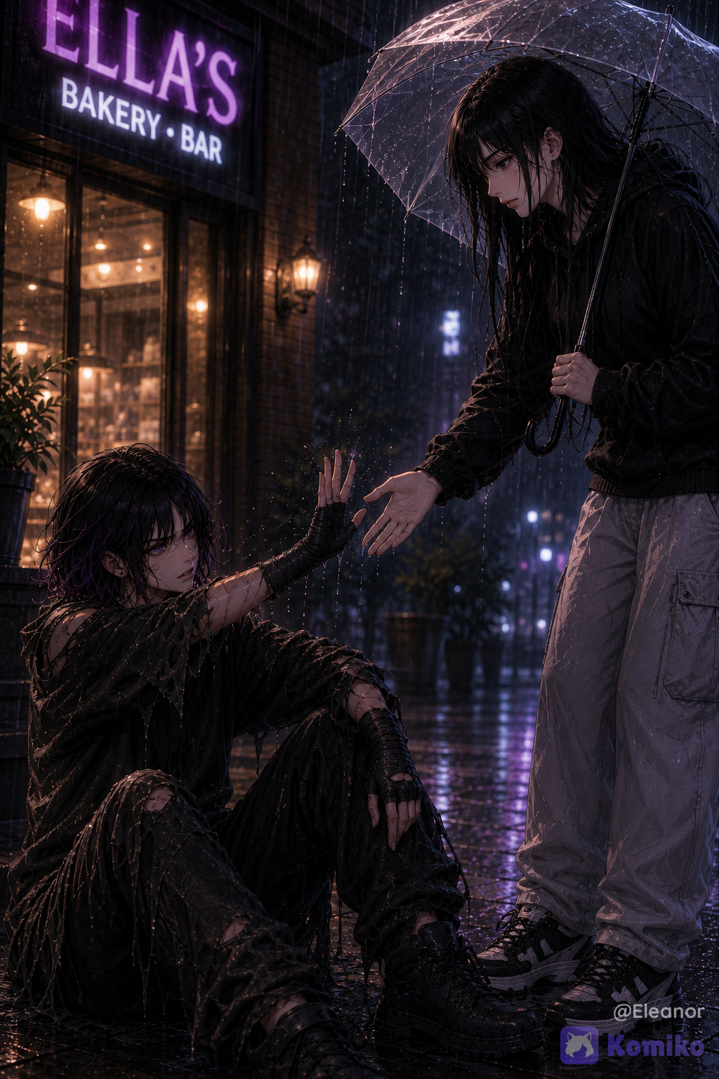 Im gonna call @eleanor-tBfY as “Ella” and @venum-T9i8 as “Venum” Scene On a rainy night outside **Ella’s Bakery • Bar**, Ella stands on the right beneath a clear umbrella, leaning slightly toward Venum and extending one open hand toward her in a gentle attempt to help her up. Ella has her established **long black hair with wispy bangs, fair porcelain skin, delicate doll-like features**, and wears a **black oversized hoodie, baggy light-gray cargo pants, and black-and-white sneakers**. Venum sits on the wet pavement in the foreground, reaching one hand toward Ella’s before angrily pushing it away; she has her established **short messy black bob with subtle purple highlights, violet eyes, earrings, and athletic build**, but is currently dressed in **torn, soaked black clothing with dark fingerless wraps and worn boots**, looking suspicious, defensive, and irritated. The warmly illuminated bakery entrance and glowing **“ELLA’S BAKERY • BAR”** sign appear behind them, contrasting with the dark rainy street, purple-blue city lights, blurred background, falling rain, and glossy reflections on the pavement. **There is no visible speech bubble or written dialogue in this moment**; the interaction is communicated through Ella’s gentle offering hand and Venum’s angry refusal. The composition is a **vertical 4:5 portrait**, with Ella towering on the right and Venum seated lower on the left, emphasizing their contrasting circumstances and the beginning of their relationship. `two female characters, young adult women, long silky black hair, long black hair, wispy bangs, fair porcelain skin, delicate doll-like facial features, feminine anime features, short messy black bob, subtle violet-purple hair highlights, violet eyes, small multiple earrings, oversized black hoodie, loose black hoodie, baggy light-gray cargo pants, black-and-white sneakers, tattered black clothing, ripped worn-out clothes, soaked clothing, dark fingerless hand wraps, worn black boots, athletic feminine build, strong slightly muscular physique, homeless fighter, exhausted woman sitting on pavement, defensive posture, angry expression, suspicious expression, seated character, standing character, woman extending hand, open helping hand, reaching gesture, rejected help, hand being pushed away, tense first interaction, transparent umbrella, clear dome umbrella, umbrella held in one hand, rainy night, heavy rainfall, rain droplets, wet pavement, puddles, glossy street reflections, nighttime city street, bakery exterior, bakery and bar storefront, glowing bakery windows, illuminated storefront sign, warm interior light, potted plants, blurred city lights, purple-blue neon lighting, cool nighttime atmosphere, warm and cool lighting contrast, cinematic rain reflections, shallow depth of field, atmospheric perspective, background bokeh, volumetric lighting, soft bloom, dramatic cinematic lighting, rich color grading, emotional first meeting, compassionate encounter, distrust, vulnerability, tense interaction, urban nighttime atmosphere, vertical 4:5 portrait, cinematic framing, standing character on right, seated character on left, three-quarter view, strong foreground depth, environmental storytelling, background, polished anime CG, luxury anime CG editorial aesthetic, anime-first rendering, premium 3D anime illustration, painterly 3D rendering, doll-like proportions, highly hair, facial features, sophisticated cinematic composition, glossy polished finish, high-detail fictional anime aesthetic`8k, Anime style, totally anime characters No realistic, Do NOT generate a photorealistic person.
Must look like a fictional Korean webtoon/manhwa character.
Visible illustration style in the face.
Stylized eyes, stylized nose, stylized lips.
Digital painting aesthetics.
Avoid DSLR photo realism.
Avoid real human facial proportions.
No real-person resemblance. Final output must unmistakably be a premium Korean webtoon illustration, not a real person photograph. If any facial feature becomes photorealistic, increase stylization until it is clearly fictional. Negative prompt: low quality, blurry, watermark, text, logo, cropped, duplicate characters, duplicate body, bad anatomy, bad hands, extra fingers, deformed hands, different face, different hairstyle, bun, braid, ponytail, tanned skin, gray skin, different dress, different jewelry, dark lighting, cluttered background, exaggerated expressions, NSFW