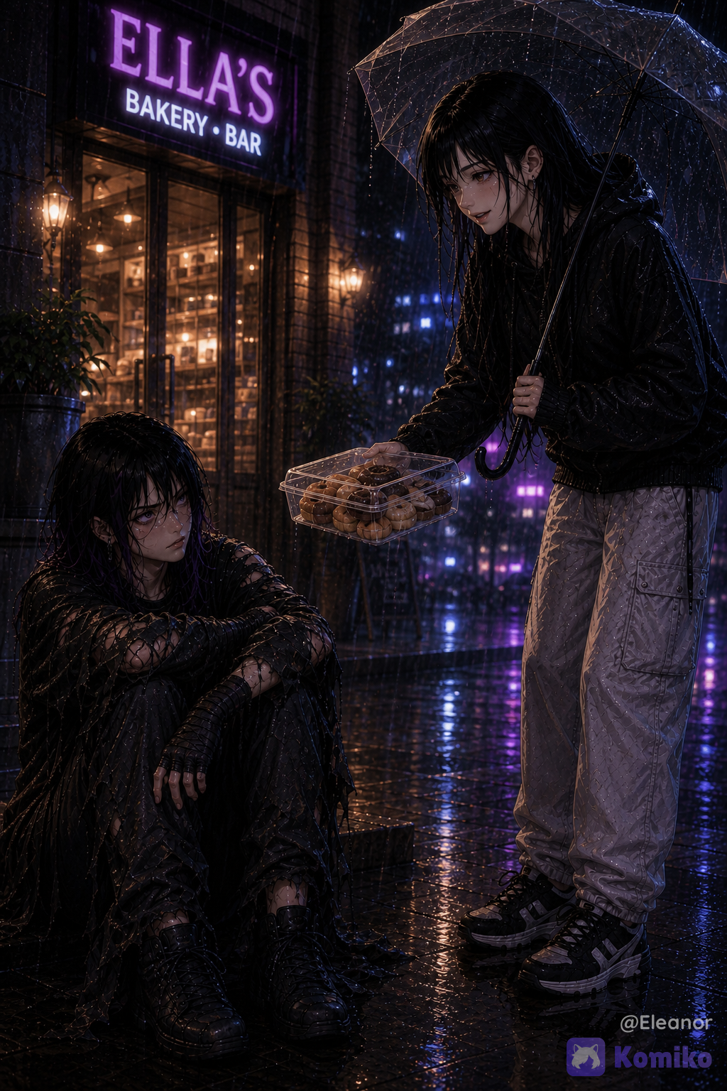 Im gonna call @eleanor-tBfY as “Ella” and @venum-T9i8 as “Venum” On the rainy street outside **Ella’s Bakery • Bar**, Ella stands on the right beneath her transparent umbrella, holding out a **clear plastic box filled with assorted pastries** toward Venum. Ella has her established **long black hair with wispy bangs, fair skin, delicate doll-like features**, and wears the same **black oversized hoodie, baggy light-gray cargo pants, and black-and-white sneakers**; she smiles warmly as she offers the food and appears to be saying, **“These are for you… it’s too cold outside. Come inside, please…”** Venum remains seated on the ground with her knees drawn up, staring at Ella with a guarded, irritated expression while still looking exhausted and vulnerable, dressed in **tattered, soaked black clothing, dark fingerless wraps, and worn black boots**, with her short black hair and subtle purple highlights visibly wet from the rain. The bakery glows warmly behind them through its large windows, with the illuminated **“ELLA’S BAKERY • BAR”** sign overhead, while rain falls through the dark blue-purple city atmosphere and reflects across the glossy pavement. The scene is a **vertical 4:5 cinematic composition**, with Ella standing on the right and Venum seated in the lower-left foreground, emphasizing Ella's kindness against Venum's difficult circumstances. two female characters, young adult women, long silky black hair, wispy bangs, fair porcelain skin, delicate doll-like facial features, soft feminine anime features, short messy black bob, subtle violet-purple hair highlights, violet eyes, multiple small earrings, oversized black hoodie, loose black hoodie, baggy light-gray cargo pants, black-and-white sneakers, tattered black clothing, ripped worn-out clothes, soaked clothing, fingerless hand wraps, worn black boots, athletic feminine build, strong slightly muscular physique, homeless fighter, exhausted woman sitting on pavement, knees drawn up, guarded expression, irritated expression, suspicious expression, vulnerable posture, concerned woman standing, warm gentle smile, standing woman offering food, clear plastic food container, transparent plastic pastry box, assorted pastries, donuts and baked goods, pastries inside plastic box, one hand holding pastry box, transparent umbrella, clear dome umbrella, rainy night, heavy rainfall, wet pavement, puddle reflections, realistic rain droplets, nighttime urban street, bakery exterior, bakery and bar storefront, glowing bakery windows, illuminated bakery sign, warm orange interior lighting, potted plants, blurred city lights, purple-blue neon lights, cool nighttime atmosphere, warm and cool lighting contrast, cinematic rain reflections, shallow depth of field, atmospheric perspective, background bokeh, volumetric lighting, soft bloom, rich color grading, emotional first meeting, compassionate encounter, offering food, homeless woman being helped, emotional storytelling, urban nighttime atmosphere, vertical 4:5 portrait, cinematic framing, standing character on right, seated character on left foreground, three-quarter view, strong foreground depth, environmental storytelling, background, polished anime CG, luxury anime CG editorial aesthetic, anime-first rendering, premium 3D anime illustration, painterly 3D rendering, doll-like proportions, highly silky hair, facial features, sophisticated cinematic composition, glossy polished finish, high-detail fictional anime aesthetic` `8k, Anime style, totally anime characters No realistic, Do NOT generate a photorealistic person.
Must look like a fictional Korean webtoon/manhwa character.
Visible illustration style in the face.
Stylized eyes, stylized nose, stylized lips.
Digital painting aesthetics.
Avoid DSLR photo realism.
Avoid real human facial proportions.
No real-person resemblance. Final output must unmistakably be a premium Korean webtoon illustration, not a real person photograph. If any facial feature becomes photorealistic, increase stylization until it is clearly fictional. Negative prompt: low quality, blurry, watermark, text, logo, cropped, duplicate characters, duplicate body, bad anatomy, bad hands, extra fingers, deformed hands, different face, different hairstyle, bun, braid, ponytail, tanned skin, gray skin, different dress, different jewelry, dark lighting, cluttered background, exaggerated expressions, NSFW