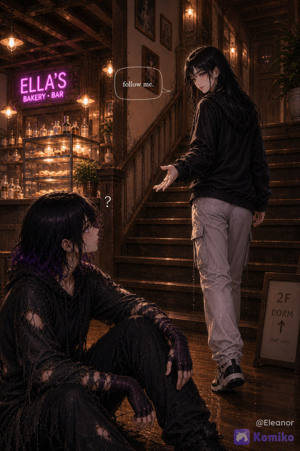 Im gonna call @eleanor-tBfY as “Ella” and @venum-T9i8 as “Venum”. Inside **Ella’s Bakery • Bar**, Ella is walking toward a wooden staircase leading upstairs to the dorm area, turning back toward Venum while extending one hand in an inviting gesture. Ella has her established **long, silky black hair with wispy bangs, fair skin, and delicate doll-like features**, wearing her **oversized black hoodie, loose light-gray cargo pants, and black-and-white sneakers**. A speech bubble above her reads **“follow me.”** Venum remains seated on the floor in the foreground, looking up at Ella with a visibly confused, uncertain expression; a small **question mark** beside her head emphasizes that she doesn't understand where Ella is taking her yet. Venum still has her **short messy black bob with subtle purple highlights, violet eyes, multiple earrings, purple fingerless hand wraps, and athletic build**, while wearing her same **tattered, damaged black clothing and worn boots**. Behind them, the bakery is warmly illuminated with hanging pendant lights, wooden walls and beams, framed decorations, bottles, plants, a pastry display, and the glowing pink **“ELLA’S BAKERY • BAR”** sign. A wooden sign near the staircase reads **“2F DORM ↑ — staff only,”** subtly revealing where Ella is taking her. The image uses a **vertical 4:5 composition**, with Ella standing beside the stairs on the right and Venum seated in the lower-left foreground, creating a clear visual direction from Venum toward the upstairs dorm. two young adult women, long silky black hair, wispy bangs, fair porcelain skin, delicate doll-like facial features, soft feminine anime features, short messy black bob, subtle violet-purple hair highlights, violet eyes, multiple small earrings, oversized black hoodie, loose black hoodie, baggy light-gray cargo pants, black-and-white sneakers, tattered black clothing, ripped worn-out clothes, damaged clothing, purple fingerless hand wraps, worn black boots, athletic feminine build, slightly muscular physique, homeless fighter, seated woman, confused expression, uncertain expression, looking upward, question mark beside character, standing woman, gentle inviting expression, woman looking back, extended hand gesture, inviting gesture, walking toward staircase, wooden staircase, upstairs dorm, staff-only dorm, dormitory sign, bakery interior, bakery and bar, warm cozy interior, wooden beams, wooden walls, hanging pendant lamps, glowing warm lights, pastry display case, bottles on shelves, potted plants, framed wall decorations, glowing pink bakery sign, rustic industrial bakery interior, warm amber lighting, golden illumination, soft shadows, cinematic interior lighting, cozy atmosphere, emotional storytelling, first meeting, offering shelter, guiding someone upstairs, confused reaction, compassionate encounter, vertical 4:5 portrait, cinematic framing, standing character on right, seated character in lower-left foreground, staircase leading into background, three-quarter view, over-the-shoulder glance, strong foreground depth, environmental storytelling, interior, shallow depth of field, atmospheric perspective, soft bloom, volumetric lighting, rich warm color grading, polished anime CG, luxury anime CG editorial aesthetic, anime-first rendering, premium 3D anime illustration, painterly 3D rendering, doll-like proportions, highly silky hair, facial features, sophisticated cinematic composition, glossy polished finish, high-detail fictional anime aesthetic` 8k, Anime style, totally anime characters No realistic, Do NOT generate a photorealistic person.
Must look like a fictional Korean webtoon/manhwa character.
Visible illustration style in the face.
Stylized eyes, stylized nose, stylized lips.
Digital painting aesthetics.
Avoid DSLR photo realism.
Avoid real human facial proportions.
No real-person resemblance. Final output must unmistakably be a premium Korean webtoon illustration, not a real person photograph. If any facial feature becomes photorealistic, increase stylization until it is clearly fictional. Negative prompt: low quality, blurry, watermark, text, logo, cropped, duplicate characters, duplicate body, bad anatomy, bad hands, extra fingers, deformed hands, different face, different hairstyle, bun, braid, ponytail, tanned skin, gray skin, different dress, different jewelry, dark lighting, cluttered background, exaggerated expressions, NSFW