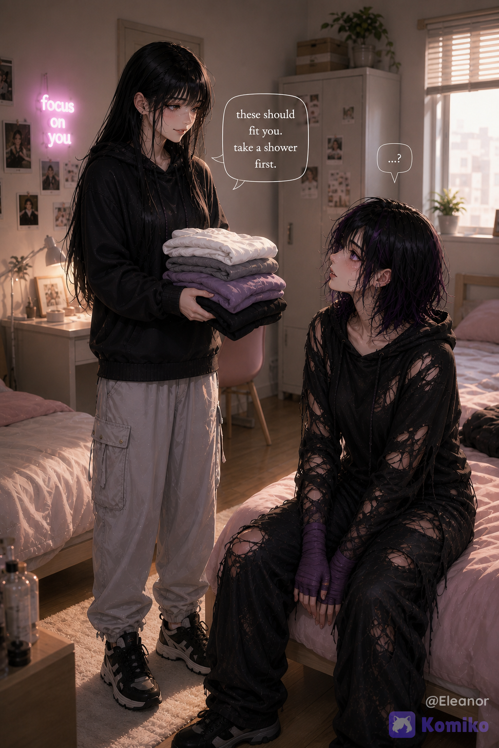 Im gonna call @eleanor-tBfY as “Ella” and @venum-T9i8 as “Venum”. Inside the upstairs **dorm room above Ella’s Bakery • Bar**, Ella stands on the left beside the beds, holding a neatly folded stack of **clean clothes** in both arms. She has her established **long, silky black hair with wispy bangs, fair skin, delicate doll-like features**, and wears her **oversized black hoodie, loose light-gray cargo pants, and black-and-white sneakers**. She looks at Venum with a warm, reassuring smile while offering her the clothes; her speech bubble reads, **“these should fit you. take a shower first.”** Venum sits on the edge of the bed on the right, looking up at Ella with a confused, slightly stunned expression; a small speech bubble containing **“…?”** appears beside her, showing that she is still trying to understand Ella’s kindness. Venum retains her established **short messy black bob with subtle purple highlights, violet eyes, earrings, athletic build, and purple fingerless wraps**, while still wearing her **tattered, ripped black clothing** from outside. The room is a cozy, modest shared dorm with **two single beds, soft pink bedding, a white wardrobe covered with small photos, a desk and chair, a window with blinds, potted plants, framed photographs, a small lamp, boxes, wooden flooring, and warm decorative lighting**. A pink neon wall sign reads **“focus on you.”** Soft daylight enters through the window, mixing with warm indoor lighting to create a gentle, safe, comforting atmosphere. The image is a **vertical 4:5 portrait**, with Ella standing on the left and Venum seated on the right, emphasizing the beginning of Venum being given a real home and clean clothes. `two young adult women, long silky black hair, wispy bangs, fair porcelain skin, delicate doll-like facial features, soft feminine anime features, short messy black bob, subtle violet-purple hair highlights, violet eyes, multiple small earrings, oversized black hoodie, loose black hoodie, baggy light-gray cargo pants, black-and-white sneakers, tattered black clothing, ripped worn-out clothing, damaged clothing, purple fingerless hand wraps, athletic feminine build, slightly muscular physique, homeless fighter, clean folded clothes, stack of freshly folded clothing, white shirt, gray shirt, lavender shirt, black clothing, woman holding folded clothes, offering clean clothes, warm gentle smile, caring expression, reassuring expression, seated woman, confused expression, stunned expression, looking upward, small question mark speech bubble, dialogue bubble, speech bubble, spoken dialogue, shower instruction, cozy dorm room, shared dormitory, two single beds, pink bedding, white walls, white wardrobe, wardrobe with photographs, framed pictures, personal photographs, wooden flooring, small desk, chair, bedside table, table lamp, potted plants, storage boxes, window with blinds, soft daylight through window, pink neon wall sign, neon text, cozy bedroom, modest dorm interior, warm safe environment, comforting atmosphere, newly offered shelter, clean clothes, fresh start, compassionate friendship, emotional storytelling, protective relationship beginning, bakery dorm upstairs, vertical 4:5 composition, cinematic framing, standing character on left, seated character on right, medium full-body shot, eye-level camera, two-shot composition, room environment, foreground depth, natural character interaction, shallow depth of field, soft shadows, warm ambient lighting, gentle daylight, cinematic glow, subtle bloom, volumetric lighting, rich warm color grading, polished anime CG, luxury anime CG editorial aesthetic, anime-first rendering, premium 3D anime illustration, painterly 3D rendering, doll-like proportions, highly silky hair, facial features, sophisticated cinematic composition, glossy polished finish, high-detail fictional anime aesthetic` 8k, Anime style, totally anime characters No realistic, Do NOT generate a photorealistic person.
Must look like a fictional Korean webtoon/manhwa character.
Visible illustration style in the face.
Stylized eyes, stylized nose, stylized lips.
Digital painting aesthetics.
Avoid DSLR photo realism.
Avoid real human facial proportions.
No real-person resemblance. Final output must unmistakably be a premium Korean webtoon illustration, not a real person photograph. If any facial feature becomes photorealistic, increase stylization until it is clearly fictional. Negative prompt: low quality, blurry, watermark, text, logo, cropped, duplicate characters, duplicate body, bad anatomy, bad hands, extra fingers, deformed hands, different face, different hairstyle, bun, braid, ponytail, tanned skin, gray skin, different dress, different jewelry, dark lighting, cluttered background, exaggerated expressions, NSFW