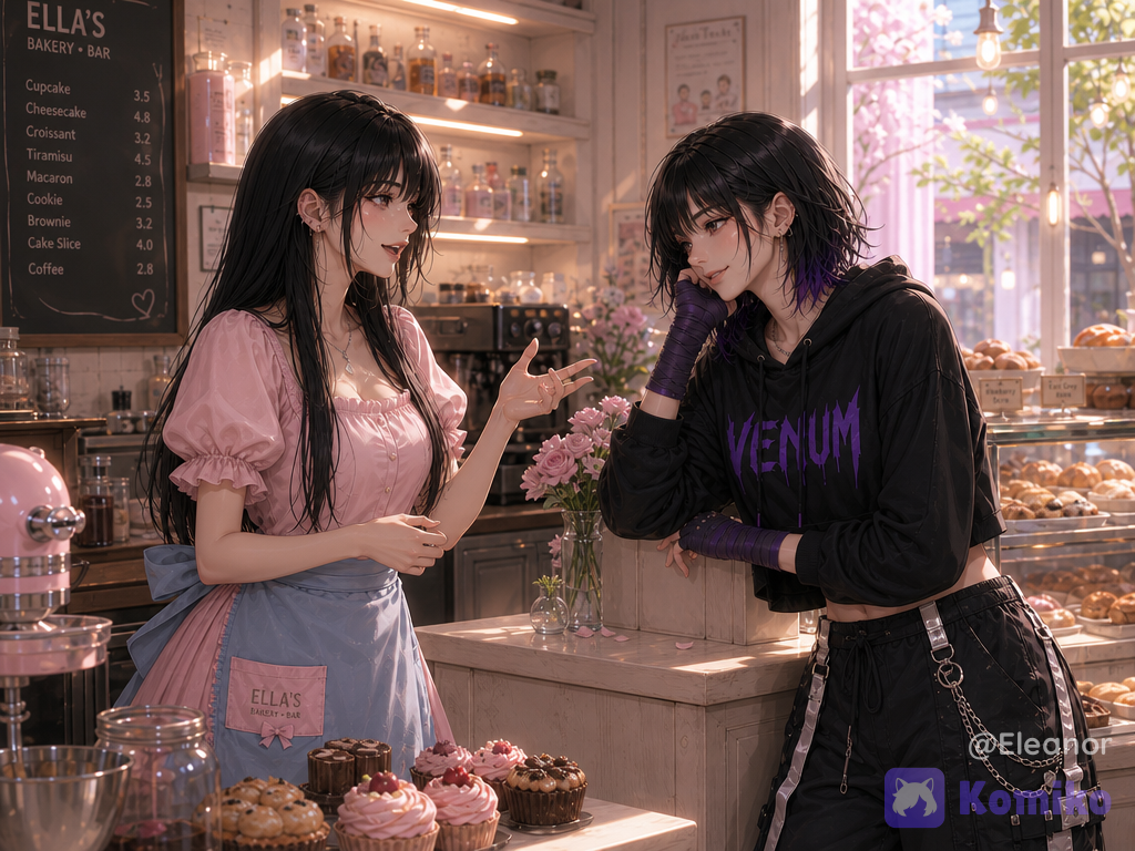Im gonna call @eleanor-tBfY as “Ella” and @venum-T9i8 as “Venum”. Several months later, inside **Ella’s Bakery • Bar** during a bright, peaceful daytime shift, Ella is working behind the bakery counter while casually chatting with Venum. Ella stands on the **left**, with her established **long, silky black hair, wispy bangs, fair porcelain skin, and delicate doll-like features**. She has changed into a feminine bakery uniform: a **soft pink short-sleeved dress with puffed sleeves and a light-blue apron tied into a large bow at the back**, with an Ella’s Bakery • Bar logo patch on the apron. She gestures animatedly with one hand as she talks, her expression lively and friendly, clearly enjoying her conversation with Venum. On the **right**, Venum is now completely clean, healthy-looking, and well cared for, wearing her established **black cropped VENUM hoodie with the purple “VENUM” lettering, purple fingerless hand wraps, black cargo pants with silver straps and hanging chains, and black-and-white sneakers**. She leans casually against the counter with one elbow resting on it and her cheek supported by her hand, giving Ella a relaxed, amused smirk while listening to her rambling. **There is no visible speech bubble or exact dialogue in this image**, but Ella is clearly in the middle of talking while Venum listens. The bakery is bright and cozy, filled with shelves of bottles and ingredients, a pastry display stocked with baked goods, pink flowers, a coffee machine, baking equipment, a menu board, and large windows allowing soft daylight inside. Cupcakes and other pastries are displayed in the foreground, reinforcing Ella’s bakery-owner role. The scene feels warm, comfortable, playful, and lived-in, showing how naturally close the two have become after months together. `two young adult women, established character identities, long silky black hair, long black hair, wispy bangs, fair porcelain skin, delicate doll-like facial features, feminine anime features, short messy black bob, subtle violet-purple hair highlights, violet eyes, multiple small earrings, Ella feminine bakery outfit, soft pink dress, short puff sleeves, pink gathered dress, light-blue apron, blue apron, large apron bow, bakery apron, apron logo patch, black cropped hoodie, purple VENUM lettering, oversized cropped hoodie, black cargo pants, silver straps, silver buckles, hanging metal chains, utility cargo pockets, purple fingerless hand wraps, black-and-white sneakers, clean appearance, well-groomed appearance, athletic feminine build, slightly muscular physique, healthy appearance, standing behind bakery counter, leaning against counter, elbow resting on counter, cheek resting on hand, relaxed pose, casual smirk, amused expression, attentive expression, animated hand gesture, woman talking enthusiastically, woman listening, casual conversation, playful friendship, comfortable friendship, close companions, bakery owner, bodyguard, bakery workplace, cozy bakery interior, bakery and bar, pastry shop, wooden and white counter, cupcakes in foreground, assorted pastries, baked goods, pastry display case, coffee machine, baking equipment, ingredient jars, shelves with bottles, pink flowers, glass flower vase, menu board, bakery decorations, large windows, bright daylight, sunlight streaming through windows, warm natural light, soft shadows, cozy atmosphere, cheerful atmosphere, peaceful daytime scene, lived-in environment, warm friendship, months later, established relationship, casual everyday moment, character interaction, environmental storytelling, bright interior, soft cinematic lighting, subtle bloom, volumetric light, warm color grading, shallow depth of field, background, bakery environment, medium-wide shot, eye-level camera, two-shot composition, characters positioned left and right, counter between characters, natural body language, vertical 4:5 composition, polished anime CG, luxury anime CG editorial aesthetic, anime-first rendering, premium 3D anime illustration, painterly 3D rendering, doll-like proportions, highly silky hair, facial features, expressive eyes, sophisticated cinematic composition, glossy polished finish, rich color grading, high-detail fictional anime aesthetic` 8k, Anime style, totally anime characters No realistic, Do NOT generate a photorealistic person.
Must look like a fictional Korean webtoon/manhwa character.
Visible illustration style in the face.
Stylized eyes, stylized nose, stylized lips.
Digital painting aesthetics.
Avoid DSLR photo realism.
Avoid real human facial proportions.
No real-person resemblance. Final output must unmistakably be a premium Korean webtoon illustration, not a real person photograph. If any facial feature becomes photorealistic, increase stylization until it is clearly fictional. Negative prompt: low quality, blurry, watermark, text, logo, cropped, duplicate characters, duplicate body, bad anatomy, bad hands, extra fingers, deformed hands, different face, different hairstyle, bun, braid, ponytail, tanned skin, gray skin, different dress, different jewelry, dark lighting, cluttered background, exaggerated expressions, NSFW