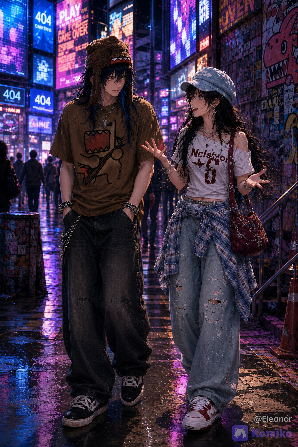 Im gonna call @eleanor-tBfY as “Ella” and @andres-kpHe as “Andres” Create a polished **premium anime/CG illustration** of two fictional adult characters, **Andres and Ella**, walking together through the same vibrant neon city setting from the previous scene. **COMPOSITION & POSE:** Andres walks on the **left** and Ella walks beside him on the **right**. They are moving naturally through the colorful urban street, shown in a stylish full-body composition. Andres keeps **both hands casually inside his pants pockets** while walking with a relaxed posture. His head is turned slightly toward Ella, and he is staring at her with a **cool, reserved expression**. Ella is animated and expressive, walking beside him while **talking enthusiastically**, smiling brightly and naturally moving both hands as she talks. Her gestures should make it obvious that she is happily chatting while Andres quietly listens. Their body language should feel like two close friends having a casual conversation. **ANDRES:** Preserve his established appearance: long layered dark navy-blue hair with vivid blue highlights, loose strands around his face, sharp elegant anime features, and striking **golden-amber eyes**. He wears the same outfit from the previous scene: oversized brown graphic T-shirt with a stylized monster illustration, extremely loose dark baggy jeans, black-and-white skate sneakers, layered silver necklaces, chunky silver rings, metal accessories, and the distinctive brown furry monster-style hat with decorative tooth details. His expression is calm, slightly cold, and unimpressed, creating a funny contrast with Ella's energetic conversation. **ELLA:** Preserve her established appearance: long silky black hair, soft bangs, fair porcelain skin, delicate feminine anime facial features, and vivid **blue eyes**. She wears exactly the same outfit from the previous scene: light-blue cap, white graphic top, oversized distressed light-blue jeans, blue plaid fabric tied around her waist, layered silver jewelry, star earrings, bracelets, decorative belt, dark red/pink shoulder bag with chain details, and chunky white-and-red platform sneakers. She has a warm smile and lively expressive eyes while talking, with both hands moving naturally as she explains something to Andres. **INTERACTION:** Ella is clearly the one doing most of the talking. She looks happy and engaged, using expressive hand gestures while walking. Andres does not look at the viewer; instead, he looks directly at Ella with a composed, slightly cold expression, as if silently listening to her endless conversation. Their contrasting personalities should be visually clear and charming. **ENVIRONMENT:** Use the same colorful nighttime urban district: enormous glowing digital screens, vibrant advertisements, colorful graffiti murals, illustrated walls, layered posters, illuminated storefronts, urban stairs, railings, street signs, distant pedestrians, and reflective pavement. Use a rich mixture of purple, electric blue, pink, cyan, violet, and warm orange illumination. Add subtle wet-ground reflections, atmospheric haze, glowing signage, and cinematic city ambience. **ART STYLE:** Premium anime/CG editorial aesthetic, anime-first rendering, polished 3D anime illustration, elegant doll-like facial proportions, sophisticated fictional character design, beautifully rendered silky hair, expressive stylized eyes, refined anime facial features, painterly CG finish, clothing textures, cinematic composition, soft volumetric lighting, subtle bloom, luminous environmental effects, rich color grading, glossy polished rendering, high-detail Korean-webtoon-inspired anime aesthetic. The result should look unmistakably like a **stylized fictional anime illustration**, with expressive anime faces and clearly illustrated features rather than photographic rendering. Preserve the established identities, hairstyles, eye colors, outfits, accessories, and overall visual designs of both characters. Keep the image bright, colorful, stylish, and visually polished