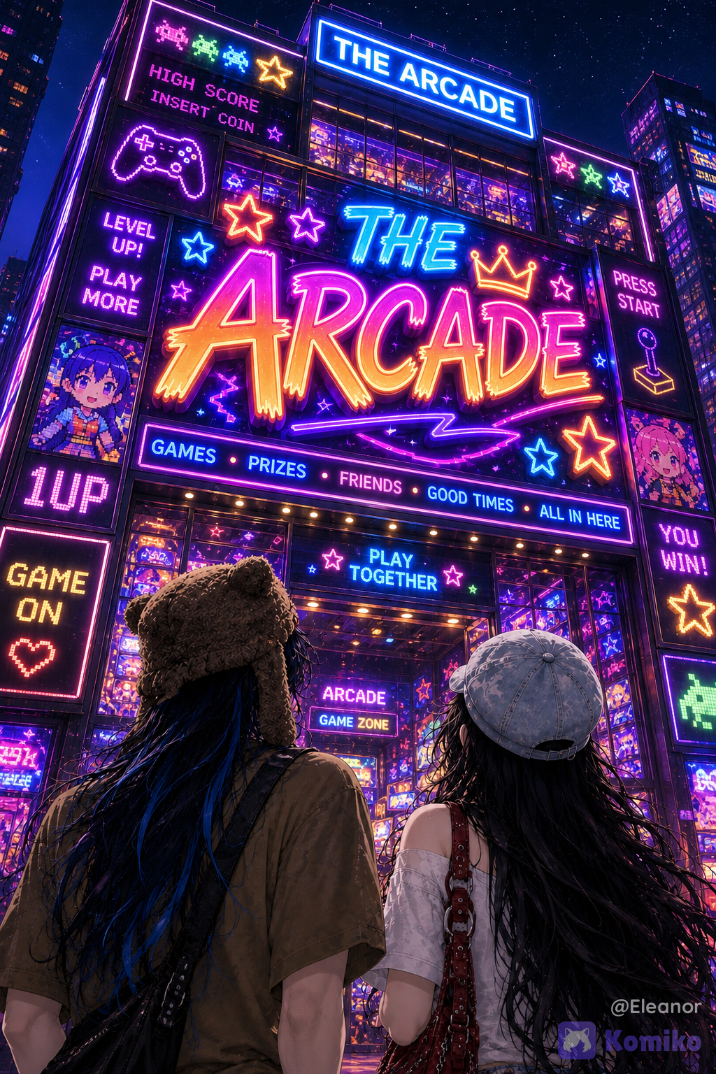 Im gonna call @eleanor-tBfY as “Ella” and @andres-kpHe as “Andres” **Andres and Ella standing together outside a huge colorful arcade at night, viewed strictly from behind. Andres is positioned on the left and Ella is positioned on the right. Both characters are looking upward toward the arcade building, so their faces are completely unseen. Show only the backs of their heads, hair, shoulders, and upper bodies. Do not show their faces, eyes, or front profiles.** **Keep Andres and Ella’s established character designs and the exact same outfits from the previous scene. Andres has his long dark blue-black hair with vivid blue highlights, wearing his brown furry monster-style hat, oversized brown graphic T-shirt, and his established silver accessories. Ella has her long silky black hair with bangs, light-blue cap, white graphic top, layered jewelry, and burgundy shoulder bag. Preserve their established hairstyles, clothing, accessories, and character identities.** **They are standing close together naturally, both tilting their heads upward as they admire the enormous arcade building in front of them. Their body language should communicate curiosity and excitement without showing their faces. Andres is on the left and Ella is on the right.** **The arcade building should dominate most of the composition, occupying the majority of the upper and central frame while the two characters remain clearly visible in the lower foreground. Make the camera angle slightly low and pointed upward, creating the feeling that the arcade is enormous and impressive. The large illuminated sign must clearly read “THE ARCADE.”** **The building is extremely colorful and visually exciting, covered with glowing neon signs, giant LED screens, pixel-art decorations, arcade-game symbols, glowing stars, game controllers, colorful advertisements, animated displays, illuminated windows, and playful gaming artwork. Add large screens showing fictional arcade imagery and colorful pixel graphics. The entrance should reveal a glimpse of glowing arcade machines inside.** **Nighttime city atmosphere, vibrant purple, pink, blue, cyan, and warm golden illumination, colorful neon reflections, soft atmospheric glow, subtle volumetric lighting, bright cinematic lighting, urban environment, energetic arcade atmosphere, nostalgic gaming aesthetic, dramatic upward perspective, strong sense of scale, polished premium anime CG, anime-first rendering, elegant 3D anime illustration, painterly digital rendering, sophisticated cinematic composition, highly hair, clothing, beautiful lighting, glossy polished finish, clearly fictional anime artwork.** **Composition requirements: vertical cinematic composition, upper-body characters only, characters occupying the lower portion of the frame, enormous arcade occupying the majority of the frame, Andres clearly on the left, Ella clearly on the right, both viewed from behind, both looking upward, faces completely hidden, no front-facing characters, no side profiles.** **Negative prompt:** front view, face visible, eyes visible, facial features, side profile, looking at camera, characters turned around, wrong character positions, swapped characters, changed hairstyles, changed outfits, missing accessories, duplicate characters, extra characters, extra limbs, distorted anatomy, cropped heads, blurry image, low detail, photorealistic people, realistic photography, DSLR style, dull lighting, plain building, empty background, unreadable main sign, incorrect text, watermark, logo, speech bubbles, captions.