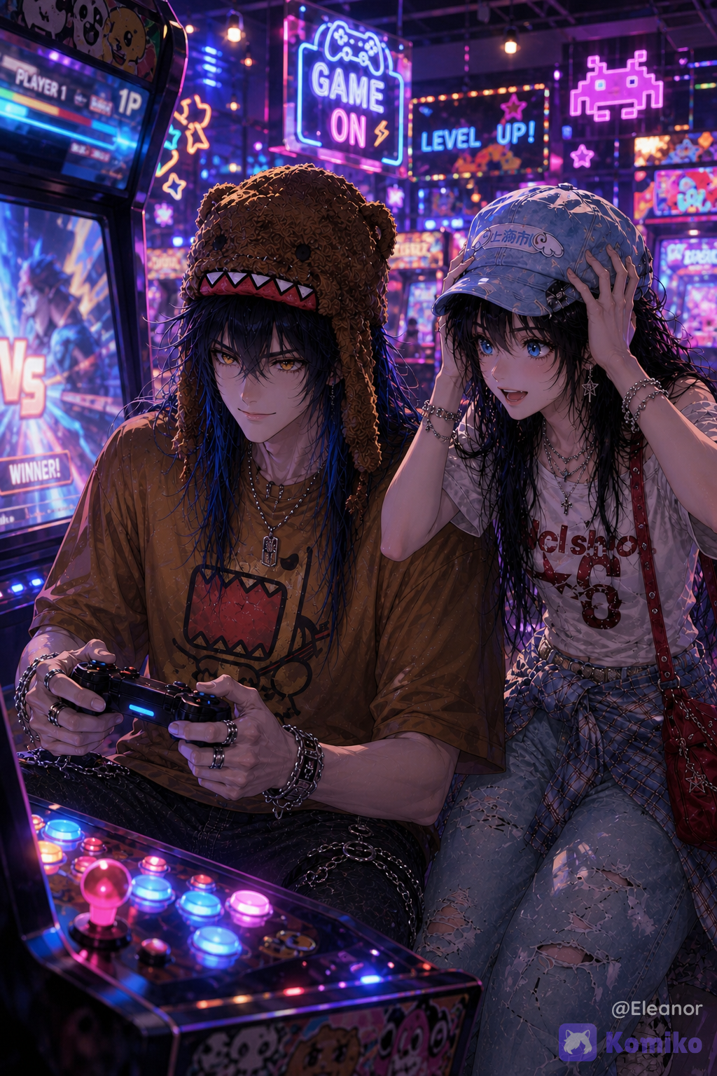 Im gonna call @eleanor-tBfY as “Ella” and @andres-kpHe as “Andres” Create a polished **premium anime/CG illustration** featuring **Andres and Ella** together inside a vibrant modern arcade. Keep both characters’ established appearances and outfits exactly consistent with the previous scenes. **Andres** is seated at an arcade gaming machine in front of a large glowing screen, actively playing a competitive game with a controller in both hands. He has his **long dark-blue hair with vivid blue highlights, golden eyes, sharp elegant facial features, streetwear outfit, wearing his oversized brown graphic T-shirt, loose dark jeans with silver chain details, layered silver rings and accessories, and his brown furry monster-style winter hat.**. His posture is relaxed and confident, and he has a subtle **knowing smirk**, looking completely focused and effortlessly skilled at the game, as though he is winning easily. **Ella** is standing or sitting close beside Andres, wearing the **same outfit from the previous scene: white fitted graphic top, oversized light-blue jeans, pale-blue cap, silver accessories, layered jewelry, burgundy shoulder bag, and white-and-red sneakers**. She has her **long silky black hair with bangs, delicate feminine facial features, fair skin, and bright blue eyes**. She is staring at the arcade screen and Andres with a **shocked but delighted smile**, both hands raised to the sides of her head with her fingers lightly touching her hair, reacting dramatically to how incredibly well Andres is playing. The arcade is filled with **colorful glowing arcade machines, giant digital screens, playful neon signs, colorful game graphics, glowing buttons, illuminated floors, reflections, and vibrant decorative elements**. Pink, purple, blue, cyan, and warm-colored lights illuminate the environment and softly reflect across both characters’ faces and hair. The atmosphere feels energetic, playful, colorful, and fun. **Composition:** medium-to-upper-body framing focused on both characters and the arcade machine, with Andres clearly visible in front of the game screen and Ella immediately beside him. The glowing screen should remain an important visual element while still keeping both faces clearly visible. Dynamic three-quarter composition, natural interaction between the characters, strong environmental depth, colorful background bokeh. **Art direction:** premium anime/CG aesthetic, anime-first rendering, sophisticated doll-like facial proportions, polished painterly 3D illustration, highly silky hair, expressive stylized eyes, elegant facial features, soft cinematic lighting, colorful neon illumination, subtle bloom, volumetric light, glossy polished rendering, rich color grading, sophisticated composition, clearly fictional illustrated characters, premium Korean-inspired anime/webtoon aesthetic. **Important:** Preserve Andres's **golden eyes** and Ella's **blue eyes**. Keep their hairstyles, facial identities, outfits, accessories, and overall character designs consistent. Make their expressions clearly readable and distinct: Andres looks confidently amused while Ella looks adorably surprised and impressed. **Negative prompt:** low quality, blurry image, distorted anatomy, duplicate characters, extra limbs, extra fingers, malformed hands, incorrect eyes, mismatched eye colors, changed hairstyle, altered outfits, missing accessories, poorly rendered faces, stiff poses, unreadable expressions, excessive darkness, photorealistic rendering, realistic human photography, DSLR aesthetic, 3D realism without anime styling, watermark, unwanted text, random logos, cropped faces, character duplication.