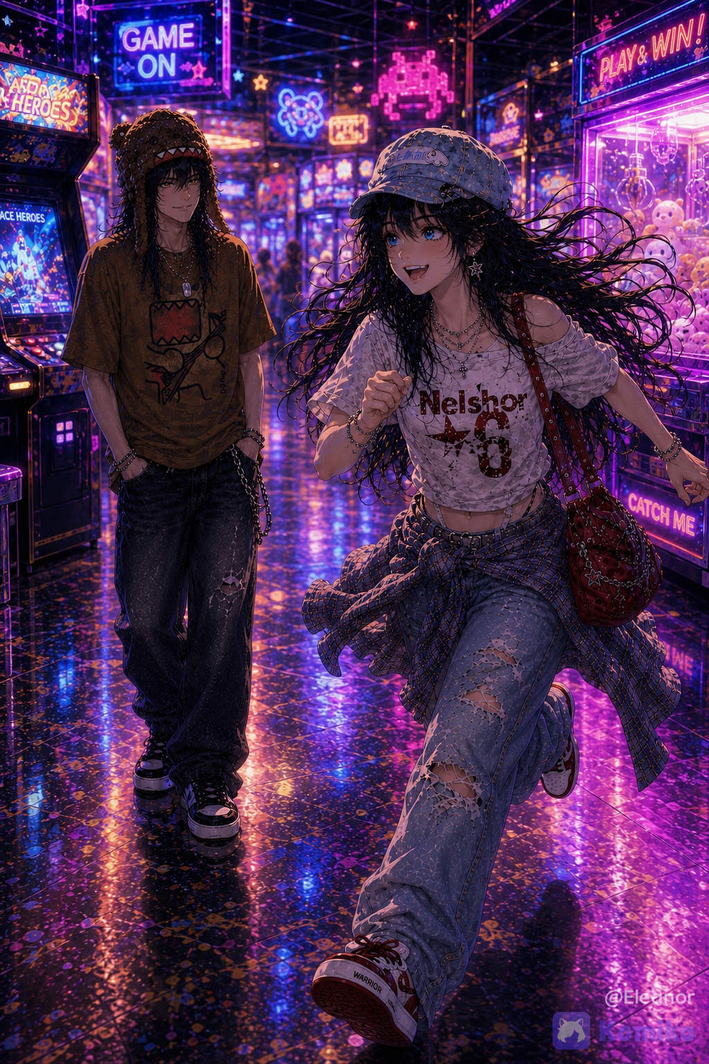 Im gonna call @eleanor-tBfY as “Ella” and @andres-kpHe as “Andres” Create a polished **premium anime/CG illustration** featuring **Andres and Ella** together inside a vibrant modern arcade. Keep both characters’ established appearances, facial identities, hairstyles, accessories, and outfits exactly consistent with the previous scenes. **Scene:** Ella is running playfully through the arcade toward another game machine, while Andres remains a short distance behind her, calmly watching with a gentle smile. The scene should capture a warm, playful moment between them. **Ella:** Ella is shown in full body, slightly ahead in the composition, caught mid-run with a joyful, carefree expression. She is laughing brightly, her smile open and natural, conveying excitement and happiness as she rushes toward a new arcade game she wants to try. Her **long silky black hair with soft bangs** flows dynamically behind her with motion, illuminated by colorful neon reflections. She wears the exact same outfit from previous scenes: **white graphic top, oversized light-blue distressed jeans, blue plaid shirt tied around her waist, pale-blue cap, layered silver jewelry, bracelets, burgundy shoulder bag with chain details, and white-and-red sneakers**. Her pose feels energetic and lively, with natural movement in her clothing and accessories. **Andres:** Andres is shown in full body, positioned slightly behind Ella. He is **not running**; instead, he stands relaxed with **both hands casually inside his pockets**, watching Ella with a soft, calm smile. His expression is affectionate, quietly amused, and confident, as if he enjoys seeing her excitement. He has his **long dark-blue hair with vivid blue highlights, golden eyes, elegant facial features, layered silver rings and accessories, oversized brown graphic T-shirt, loose dark jeans with chain details, black sneakers, and brown furry monster-style winter hat**. His posture is relaxed and effortless, creating a gentle contrast with Ella’s energetic movement. The arcade environment is filled with **glowing arcade machines, colorful screens, claw machines, playful neon signs, bright decorative lights, reflective polished floors, and vivid gaming displays**. Pink, purple, blue, cyan, and warm golden lighting fills the environment, creating strong reflections on the floor and softly illuminating both characters’ faces, hair, clothing, and accessories. The colorful arcade lights should create subtle highlights in Andres’s golden eyes and Ella’s bright blue eyes. **Composition:** Full-body composition showing both characters clearly. Ella is placed slightly in front, moving toward the right side of the scene, while Andres remains behind her, standing calmly. The environment should feel spacious and lively, with strong depth, colorful background bokeh, glowing machines, and layered lighting effects. Their interaction should feel natural, playful, and cinematic. **Art direction:** Premium anime/CG aesthetic, anime-first rendering, sophisticated doll-like facial proportions, polished painterly 3D illustration, highly silky hair, expressive stylized eyes, elegant facial features, soft cinematic lighting, colorful neon illumination, subtle bloom, volumetric lighting, glossy polished rendering, rich color grading, premium Korean-inspired anime/webtoon aesthetic, clearly fictional illustrated characters. **Important:** Preserve Andres’s **golden eyes** and Ella’s **bright blue eyes**. Keep their hairstyles, facial identities, outfits, accessories, and overall character designs completely consistent. Ella should look joyful, playful, and energetic, while Andres should look calm, warm, and quietly amused. Mature faces **Negative prompt:** low quality, blurry image, distorted anatomy, duplicate characters, extra limbs, extra fingers, malformed hands, incorrect eye colors, changed hairstyles, altered outfits, missing accessories, poorly rendered faces, stiff poses, photorealistic rendering, realistic human photography, DSLR aesthetic, overly realistic skin texture, 3D realism without anime styling, watermark, unwanted text, random logos, cropped bodies, duplicated accessories, dark unreadable lighting.