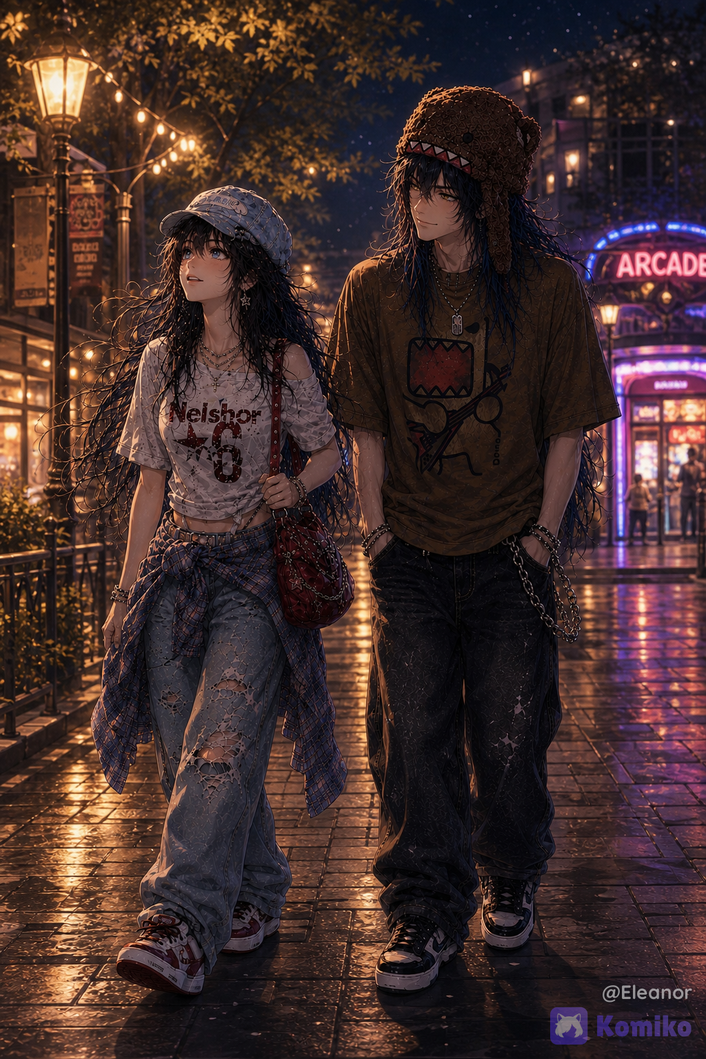 Im gonna call @eleanor-tBfY as “Ella” and @andres-kpHe as “Andres” Create a polished **premium anime/CG illustration** featuring **Ella and Andres** walking together outside the arcade on a peaceful night. Keep both characters’ established appearances, facial identities, hairstyles, outfits, accessories, and proportions completely consistent with the previous arcade scenes. **Scene:** They have just left the arcade and are walking together through a quiet nighttime street. The atmosphere is calm, warm, and peaceful, with soft golden streetlights, small decorative lights, gentle nighttime haze, and subtle reflections on the pavement. The contrast between the lively arcade behind them and the peaceful night outside creates a cozy transition into a quieter moment. **Ella:** Ella is positioned on the **left side of the composition**, walking naturally beside Andres. She is looking slightly upward toward the warm golden lights around them with a **peaceful, dreamy expression**. Her eyes are relaxed and reflective, and her **lips are slightly parted**, giving her expression a soft sense of wonder and tranquility. Her long silky black hair with bangs moves gently in the soft night breeze. She wears the exact same outfit from the arcade scene: **white fitted graphic top, oversized light-blue distressed jeans, blue plaid shirt tied around her waist, pale-blue cap, layered silver jewelry and bracelets, burgundy shoulder bag with decorative chains, and white-and-red sneakers**. **Andres:** Andres is positioned on the **right side of the composition**, walking naturally beside Ella. He is looking toward **Ella**, not toward the viewer, with a **soft, peaceful, affectionate expression** and a subtle relaxed smile. His posture is calm and comfortable, conveying that he is quietly enjoying the moment with her. He has his established **long dark-blue hair with vivid blue highlights, golden eyes, sharp elegant facial features, oversized brown graphic T-shirt, loose dark jeans with silver chain details, layered silver rings and accessories, black sneakers, and brown furry monster-style winter hat**. **Interaction and body language:** They are walking side by side at a relaxed pace, close enough to feel naturally connected without exaggerated physical contact. Ella is absorbed in the warm lights above while Andres quietly watches her with a gentle expression. Their contrasting gazes should tell the story of the scene: **Ella looking peacefully at the lights, Andres peacefully looking at Ella.** **Environment:** A beautiful nighttime pedestrian street just outside the arcade, with **soft golden streetlamps, warm storefront lighting, delicate hanging lights, trees with subtle illuminated foliage, distant city lights, gentle bokeh, and a dark blue evening sky**. The arcade entrance can remain visible farther behind them, softly glowing with colorful neon light, establishing continuity with the previous scene without overpowering the peaceful nighttime atmosphere. Soft golden reflections should appear on the pavement and subtly illuminate both characters. **Lighting:** Warm golden lights should softly illuminate their faces and hair while cool deep-blue nighttime ambient light creates a cinematic contrast. Ella's **blue eyes** should catch tiny reflections from the surrounding lights, while Andres's **golden eyes** should have subtle warm highlights. Use delicate rim lighting around their hair and shoulders, soft volumetric glow, gentle bloom, and natural reflected light. **Composition:** Full-body composition with **Ella clearly on the left and Andres clearly on the right**. Both characters should be completely visible from head to shoes. Use a slightly cinematic three-quarter perspective as they walk forward together. Keep enough environmental space around them to show the nighttime atmosphere, glowing lights, trees, pavement, and distant arcade entrance. The composition should feel intimate and cinematic rather than crowded. **Art direction:** Premium anime/CG aesthetic, anime-first rendering, sophisticated doll-like facial proportions, polished painterly 3D illustration, highly silky hair, expressive stylized eyes, elegant facial features, soft cinematic lighting, warm golden illumination, cool nighttime ambient lighting, subtle bloom, volumetric light, glossy polished rendering, rich cinematic color grading, sophisticated environmental depth, beautiful bokeh, premium Korean-inspired anime/webtoon aesthetic, clearly fictional illustrated characters. **Important:** Preserve **Ella's bright blue eyes** and **Andres's golden eyes**. Preserve their established hairstyles, facial identities, outfits, accessories, and overall character designs. Keep Ella on the **left** and Andres on the **right**. Ella must be looking at the warm lights with a peaceful expression and **slightly parted lips**. Andres must be looking at Ella with a **soft, peaceful expression**. Their expressions should remain subtle, natural, and emotionally warm. **Negative prompt:** low quality, blurry image, distorted anatomy, duplicate characters, extra limbs, extra fingers, malformed hands, incorrect eye colors, changed hairstyles, altered outfits, missing accessories, poorly rendered faces, stiff poses, unnatural body proportions, exaggerated expressions, photorealistic rendering, realistic human photography, DSLR aesthetic, excessive skin realism, 3D realism without anime styling, excessive darkness, harsh lighting, incorrect character positions, Ella on the right, Andres on the left, Andres looking at the viewer, Ella looking at the viewer, cropped bodies, cropped feet, missing shoes, character duplication, watermark, unwanted text, random logos.