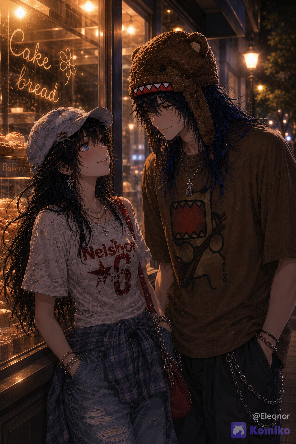 Im gonna call @eleanor-tBfY as “Ella” and @andres-kpHe as “Andres” Create a polished **premium anime/CG illustration** featuring **Ella and Andres** together outside Ella’s bakery on a peaceful nighttime street. Keep both characters’ established appearances, facial identities, hairstyles, outfits, accessories, and proportions completely consistent with the previous arcade and nighttime scenes. **Scene:** Andres has just dropped Ella off at her bakery after their evening together. They are standing just outside the bakery entrance, having a quiet conversation before saying goodbye. **Ella is leaning naturally back against the bakery’s glass window**, relaxed and comfortable, while Andres stands facing her nearby. They are looking at each other as they talk, sharing a warm, peaceful moment. **Ella:** Ella is positioned on the **left side of the composition**, leaning lightly against the bakery glass. She is looking up toward Andres with a **soft, warm smile** and relaxed eyes. Her expression should feel peaceful, comfortable, and genuinely happy to be talking with him. Her long silky black hair with bangs falls naturally around her shoulders, with a few strands softly illuminated by the bakery lights. She wears the same outfit from the previous scenes: **white fitted graphic top, oversized light-blue distressed jeans, blue plaid shirt tied around her waist, pale-blue cap, layered silver jewelry and bracelets, burgundy shoulder bag with decorative chains, and white-and-red sneakers**. **Andres:** Andres is positioned on the **right side of the composition**, standing comfortably in front of Ella and facing her. He is looking directly at her with a **soft, calm, affectionate expression** and a subtle peaceful smile. His body language should be relaxed and natural, as though they are simply enjoying the final moments of their conversation before she goes inside. He has his established **long dark-blue hair with vivid blue highlights, golden eyes, sharp elegant facial features, oversized brown graphic T-shirt, loose dark jeans with silver chain details, layered silver rings and accessories, black sneakers, and brown furry monster-style winter hat**. **Interaction:** The focus is on their quiet conversation and natural emotional connection. Ella is smiling at Andres while leaning against the glass, and Andres is calmly looking at her as they talk. Their body language should feel **comfortable, familiar, warm, and peaceful**, without exaggerated poses or dramatic gestures. **Bakery environment:** Behind Ella is a beautiful bakery storefront with a large **clean glass window**, softly illuminated from inside. Warm golden interior lighting reveals subtle displays of fresh pastries, bread, cakes, and other bakery details through the glass. Small decorative lights and tasteful signage create a cozy atmosphere. Reflections of the warm bakery lights appear softly across the glass beside Ella. Outside, the street is quiet and peaceful, with **soft golden streetlamps, warm storefront lighting, gentle nighttime haze, distant bokeh, trees, and subtle city lights**. The environment should feel cozy and intimate rather than busy. **Lighting:** Use predominantly **soft golden illumination** from the bakery windows and nearby streetlights. Warm light should gently fall across Ella and Andres’s faces, hair, and clothing. Add subtle cool-blue nighttime ambient light around the edges to create cinematic contrast. Include delicate golden rim lighting around their hair, soft reflections in the bakery glass, subtle bloom, and gentle volumetric glow. **Composition:** **Upper-body framing only**, with both characters clearly visible from approximately the waist or upper torso upward. Ella must remain on the **left** and Andres on the **right**. The bakery glass and warm interior should be clearly visible behind Ella. Use a natural three-quarter composition that allows both faces to be clearly readable while emphasizing their eye contact and conversation. Keep the background softly blurred with beautiful golden bokeh while retaining enough detail to establish the bakery setting. **Art direction:** Premium anime/CG aesthetic, anime-first rendering, sophisticated doll-like facial proportions, polished painterly 3D illustration, highly silky hair, expressive stylized eyes, elegant facial features, soft cinematic lighting, warm golden illumination, cool nighttime ambient light, subtle bloom, volumetric lighting, glossy polished rendering, rich cinematic color grading, sophisticated environmental depth, beautiful bokeh, premium Korean-inspired anime/webtoon aesthetic, clearly fictional illustrated characters. **Important:** Preserve **Ella’s bright blue eyes** and **Andres’s golden eyes**. Preserve their established hairstyles, facial identities, outfits, accessories, and overall character designs. Keep **Ella on the left and Andres on the right**. Ella should be clearly leaning naturally against the bakery glass and smiling at Andres. Andres should be clearly facing Ella and looking at her with a soft, peaceful expression. Keep the emotional tone gentle, warm, and wholesome. **Negative prompt:** low quality, blurry image, distorted anatomy, duplicate characters, extra limbs, extra fingers, malformed hands, incorrect eye colors, changed hairstyles, altered outfits, missing accessories, poorly rendered faces, stiff poses, unnatural body proportions, exaggerated expressions, photorealistic rendering, realistic human photography, DSLR aesthetic