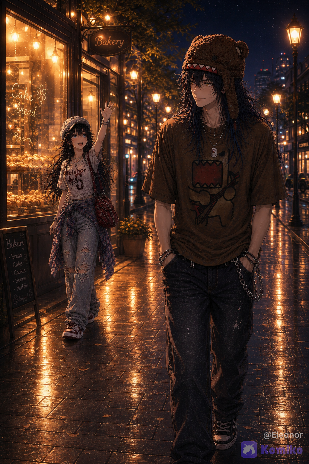 Im gonna call @eleanor-tBfY as “Ella” a @andres-kpHe as “Andres” Create a polished **premium anime/CG illustration** featuring **Ella and Andres** outside Ella’s bakery on a peaceful nighttime street. This scene takes place immediately after their quiet conversation at the bakery. Keep both characters’ established appearances, facial identities, hairstyles, outfits, accessories, and proportions completely consistent with the previous scenes. **Scene:** Andres is now **walking away from the bakery**, heading down the softly illuminated nighttime street after saying goodbye to Ella. He is slightly ahead in the foreground, while Ella remains behind near the bakery entrance, watching him leave. The emotional tone is gentle, peaceful, and affectionate, like a warm goodbye at the end of a fun evening. **Andres:** Andres is in the **foreground/right side of the composition**, shown walking away from Ella while still slightly turning his head back toward her. He has a **soft, peaceful smile**, with a relaxed and content expression. His posture is casual and natural, with **both hands comfortably in his pockets** as he walks away. His long dark-blue hair with vivid blue highlights falls naturally beneath his **brown furry monster-style winter hat**, with a few strands catching the golden light. He wears his established **oversized brown graphic T-shirt, loose dark jeans with silver chain details, layered silver rings and accessories, and black sneakers**. His **golden eyes** should remain clearly visible as he glances back toward Ella. **Ella:** Ella remains **behind him beside the bakery entrance**, standing near the warmly illuminated glass storefront. She is watching Andres leave with a **soft, happy smile** and raising one hand in a gentle wave. Her expression should feel affectionate, peaceful, and slightly bittersweet, as though she is happily saying goodbye and watching him disappear down the street. Her **long silky black hair with bangs** falls naturally around her shoulders, softly illuminated by the bakery’s golden lights. She wears the same established outfit: **white fitted graphic top, oversized light-blue distressed jeans, blue plaid shirt tied around her waist, pale-blue cap, layered silver jewelry and bracelets, burgundy shoulder bag with decorative chains, and white-and-red sneakers**. Her **bright blue eyes** should be visible and expressive. **Body language:** Andres is walking away naturally and confidently, hands in pockets, with a slight glance back and soft smile. Ella stands near the bakery and raises one hand in a relaxed, natural wave. Their body language should communicate a **warm, comfortable goodbye between two people who enjoyed spending the evening together**. Avoid exaggerated gestures or dramatic sadness. **Bakery:** The bakery remains clearly recognizable behind Ella, with a large glass storefront glowing warmly from inside. Through the windows, show subtle displays of **fresh bread, pastries, cakes, and warm interior lighting**. Small decorative lights, tasteful bakery signage, and golden reflections on the glass create a cozy atmosphere. The bakery should feel like Ella’s familiar place from the previous scene. **Nighttime environment:** The street is quiet and peaceful, illuminated by **soft golden streetlamps, warm bakery lights, subtle hanging lights, distant storefronts, trees, and gentle city bokeh**. The pavement has a subtle reflective sheen, catching the warm golden lights and creating beautiful reflections. The sky should be a deep peaceful blue, contrasting naturally with the warm street lighting. **Lighting:** Use soft, cinematic **golden nighttime lighting**. Warm light from the bakery and streetlamps should illuminate Ella from behind and softly outline her hair and shoulders. Andres should have warm golden rim lighting along his hair, hat, and clothing as he walks away. Add subtle cool-blue ambient moonlight to the darker areas for cinematic contrast. Include gentle bloom, soft volumetric glow, natural reflections, and beautiful golden bokeh. **Composition:** Use a **cinematic full-body composition** showing both characters clearly. Andres should be larger and closer to the camera in the foreground, while Ella is slightly farther back beside the bakery. Keep the visual relationship between them clear: **Andres walking away, Ella remaining at the bakery and waving goodbye**. The perspective should naturally guide the viewer’s eye from Ella and the glowing bakery toward Andres and the softly illuminated street beyond. **Art direction:** Premium anime/CG aesthetic, anime-first rendering, sophisticated doll-like facial proportions, polished painterly 3D illustration, highly silky hair, expressive stylized eyes, elegant facial features, soft cinematic lighting, warm golden illumination, cool nighttime ambient lighting, subtle bloom, volumetric light, glossy polished rendering, rich cinematic color grading, sophisticated environmental depth, beautiful bokeh, premium Korean-inspired anime/webtoon aesthetic, clearly fictional illustrated characters. **Important:** Preserve **Ella’s bright blue eyes** and **Andres’s golden eyes**. Preserve their established hairstyles, facial identities, outfits, accessories, and overall character designs. Keep Ella clearly **behind Andres beside the bakery**, and Andres clearly **walking away from her**. Andres should have a **soft smile and both hands in his pockets**, while Ella should be **smiling softly and waving goodbye**. Keep the atmosphere peaceful, warm, wholesome, and emotionally gentle. **Negative prompt:** low quality, blurry image, distorted anatomy, duplicate characters, extra limbs, extra fingers, malformed hands, incorrect eye colors, changed hairstyles, altered outfits, missing accessories, poorly rendered faces, stiff poses, unnatural body proportions, exaggerated expressions, photorealistic rendering, realistic human photography, DSLR aesthetic, excessive skin realism, 3D realism without anime styling, excessive darkness, harsh lighting, incorrect character positions, Ella in front of Andres, Andres facing the wrong direction, Andres running, Andres without hands in pockets, Ella chasing Andres, exaggerated crying, dramatic sadness, cropped bodies, cropped feet, character duplication, watermark, unwanted text, random logos.