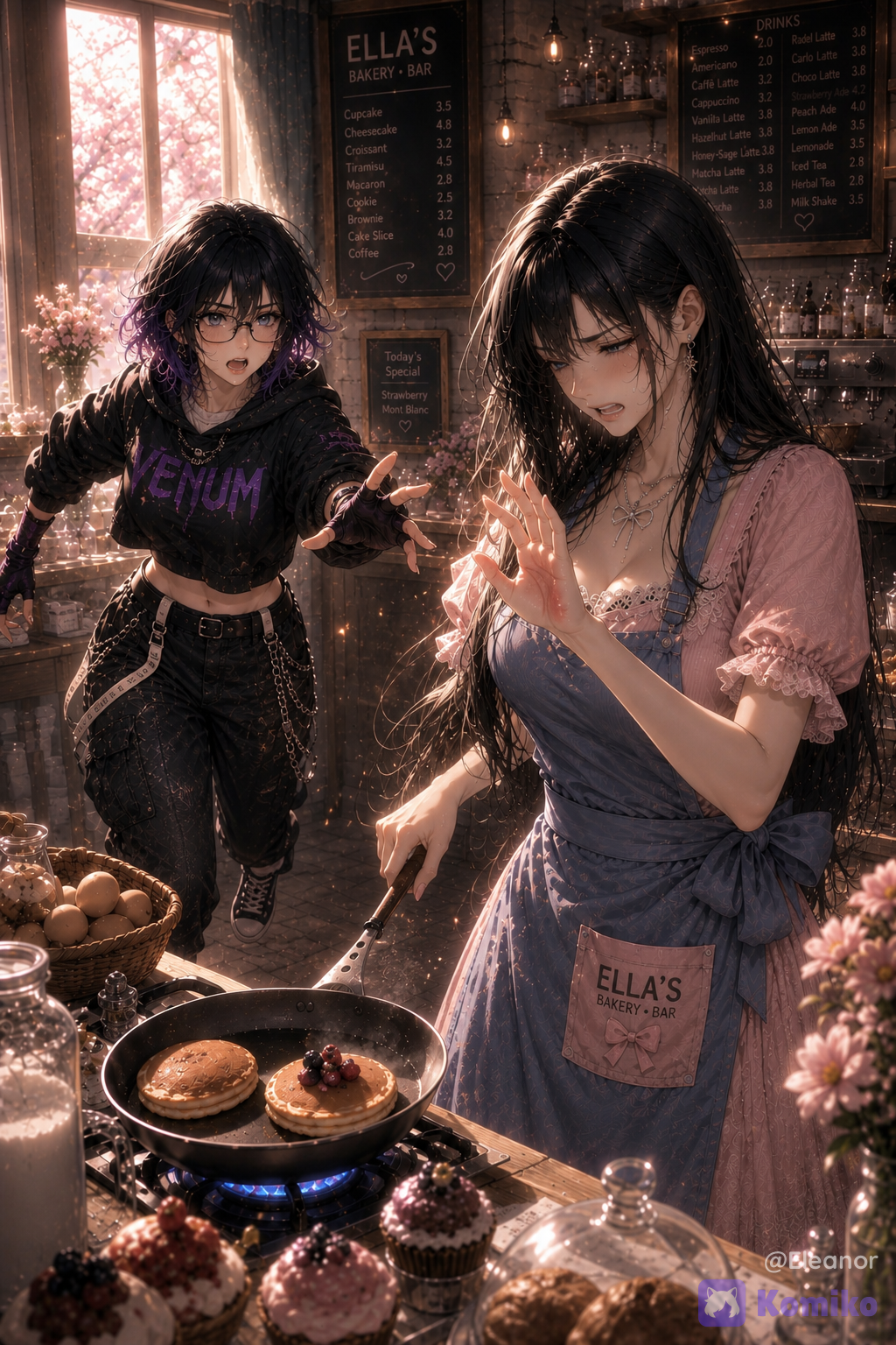 Im gonna call @venum-T9i8 as “Venum” and @eleanor-tBfY as “Ella” Two clearly adult women, **Ella and Venum**, inside the same cozy bakery **“ELLA’S BAKERY • BAR.”** Keep their established recognizable faces and character identities consistent with their previous premium anime images. Ella is in the foreground at the cooking counter, making pancakes in a frying pan. She accidentally touches the hot pan and **slightly burns her hand**. She quickly pulls her hand away, showing a small, believable painful reaction: slightly furrowed brows, gently narrowed eyes, and a subtle wince. Her expression should look surprised and mildly hurt, not exaggerated or dramatic. Her other hand remains near the pan with the cooking utensil. Ella has **very long silky black hair, luminous blue eyes, fair skin, delicate doll-like anime facial features**, and her established feminine appearance. She wears a pretty **pink dress with her favorite soft blue bakery apron**, tied around her waist with its recognizable bow. Venum is farther behind Ella and has just noticed what happened. She is **hurrying toward Ella mid-run**, caught in dynamic motion, with one foot slightly lifted and her body leaning forward. One hand is reaching toward Ella as she rushes to help. Venum has a clearly **concerned and protective expression**, focused entirely on Ella. Venum has her established **short layered black bob, wispy bangs, subtle violet-purple highlights, violet eyes, fair skin, delicate anime facial features, athletic feminine build, and small earrings**. She wears her **main signature VENUM outfit: black cropped oversized hoodie with bold purple “VENUM” lettering and her established dark athletic/casual clothing and accessories. She wears glasses. ### BAKERY Keep the exact same bakery environment from the previous scenes: warm wooden counters, shelves filled with jars and baking ingredients, pastry displays, cupcakes, croissants, cakes, coffee equipment, chalkboard menus, and plenty of delicate **pink flowers and blossoms**. Large windows fill the bakery with beautiful warm sunlight. Soft golden rays illuminate both women's hair and faces, creating glowing highlights and subtle floating dust particles. ### COMPOSITION Dynamic cinematic composition showing both women clearly. * **Ella:** foreground, at the cooking counter.
* **Venum:** behind Ella, quickly moving toward her.
* Strong sense of motion between them.
* Focus on Ella's mildly painful expression and raised hand.
* Venum's concerned face clearly visible.
* Natural adult proportions and anatomy.
* The moment should feel like a genuine caring interaction between two close friends. ### STYLE **Premium luxury anime / CG anime aesthetic**, clearly fictional, anime-first rendering, doll-like facial proportions, polished painterly 3D rendering, silky hair, expressive luminous eyes, sophisticated anime character design, cinematic composition, warm sunlight, soft bloom, subtle volumetric lighting, beautiful depth of field, rich color grading, highly bakery environment, elegant editorial-quality framing, emotional storytelling, polished high-end anime illustration. ### NEGATIVE PROMPT photorealistic, live action, realistic photography, real person, hyperrealistic human, uncanny realism, overly exaggerated expression, incorrect character identity, brown hair on Ella, incorrect blue eyes, incorrect violet eyes, long hair on Venum, short hair on Ella, distorted face, bad anatomy, malformed hands, extra fingers, extra limbs, duplicate characters, blurry details, low quality, plastic skin, excessive realism, watermark, text errors, logo, too realistic background ### TAGS premium anime, luxury anime, anime CG, fictional characters, Ella, Venum, two adult women, bakery, Ella’s Bakery Bar, cooking, pancakes, frying pan, minor kitchen accident, surprised expression, painful expression, concerned expression, protective friend, rushing, dynamic pose, mid-run, warm sunlight, pink flowers, cozy bakery, pastries, cupcakes, cinematic lighting, soft bloom, volumetric light, background, very long black hair, blue eyes, short black bob, purple highlights, violet eyes, pink dress, blue bakery apron, black VENUM hoodie, polished painterly rendering, doll-like anime faces, emotional storytelling, beautiful anime composition
