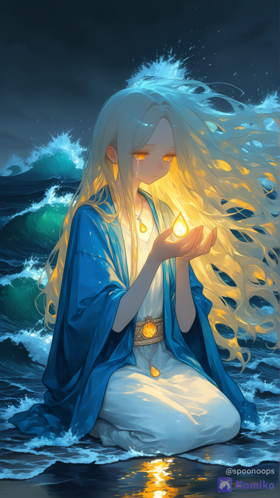 1girl, goddess, ocean, waves, wind, storm, amber eyes, pale golden hair, long hair, blue and white robe, embroidered belt, amber teardrop, tears in the eyes, seashell ornament, flickering light, full body, kneeling, holding teardrops, [sweet-painting-style]