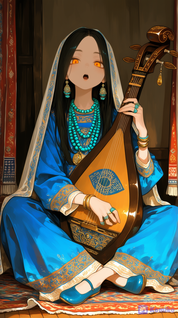 1girl, playing instrument, playing lute, black hair, long hair, waist long embroidered veil, long deep sapphire blue embroidered dress, embroidered belt, earrings, bracelets, turquoise bead necklace, rings, jewelry with gems, sit cross-legged, [sweet-painting-style], persian, persian wide-legged baggy trousers, flat shoes, carpet, singing, amber eyes, dutar, sitting on floor, tapestry