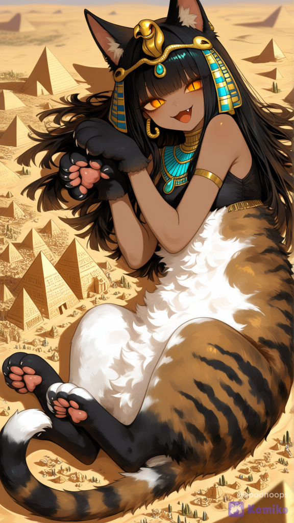monster girl, 1girl, a face of a beautiful human girl, wearing ancient egyptian golden hairband, amber eyes with slit pupils, long black straight hair, happy, from above, canine tooth, snake themed earrings, turquoise necklaces, a torso of a fluffy ginger and white cat, rolling around and acting cute, showing white belly, playful, lying on side, [sweet-painting-style], cat paws, cat tail, full body, cat girl, in background in a desert between tiny pyramids, giantess
