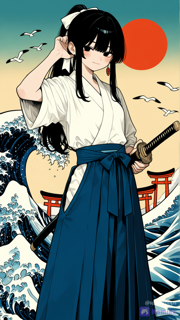 deep blue hakama, kendo, white shirt, 1girl, curved japanese sword, holding sheath, katana, curved sword, black eyes, long ponytail, black hair, white hair ribbon, ukiyo-e background, torii, wuthering waves, sea, seagull, rising sun, huge waves, single earring, confident, [sweet-painting-style], tucking hair, light blush, light smile, clear hair line