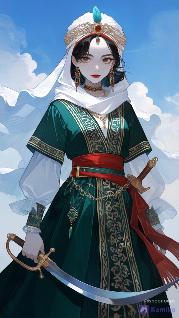 @sayyida-al-hurra-UlI3, on board pirate ship, clouds, blue sky, holding a curved arabian sabre, curved sword, cream hijab, forehead, [watercolor-illustration-style]