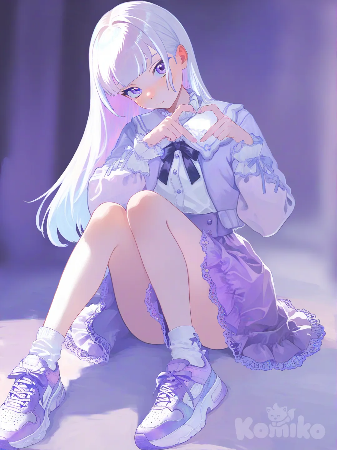 heart hands, sitting on the ground, head tilt, upper body, blurred background, @yuka-yeIJ, [watercolor-illustration-style]