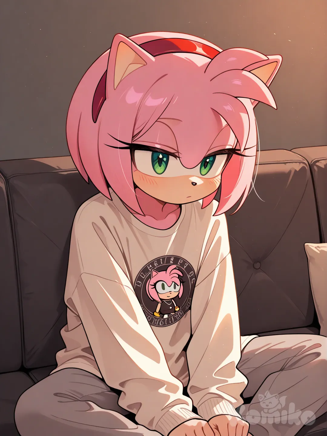 18+, amy rose, con una camiseta holgada de manga larga y unos pantalones deportivos cómodos, lo que le da un aspecto más relajado