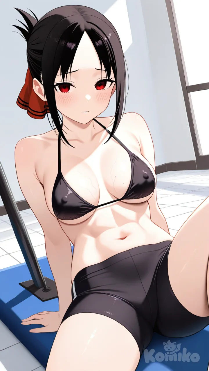 shinomiya kaguya, medium breasts, covered nipples, veiny breasts, bikini top only, abs, thighs, bike shorts, spread legs, gym.
