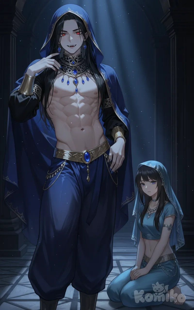 arabian clothes, blue outfit, slave, female, with vampire Master