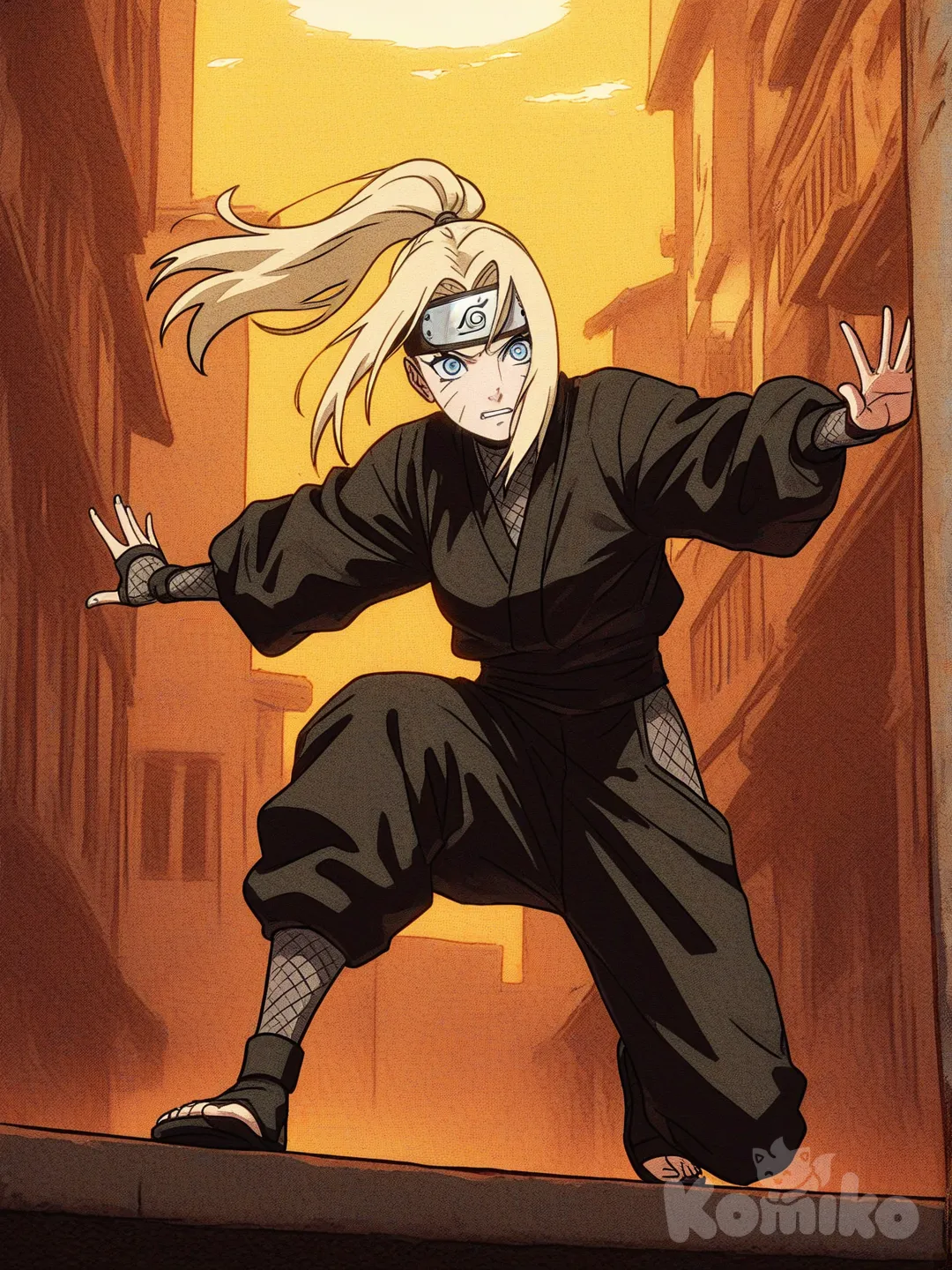 Minha oc para o anime boruto next generation, Nanai Uzumaki 13 anos , cabelo loiro liso com uma pequena mecha preta na frente cabelo geralmente amarrado e um rabo de cavalo olhos azuis pele clara Ela é filha do Naruto e da Hinata e irmã mais velha do boruto bem ela é uma ninja de konoha , [action-manga-style]