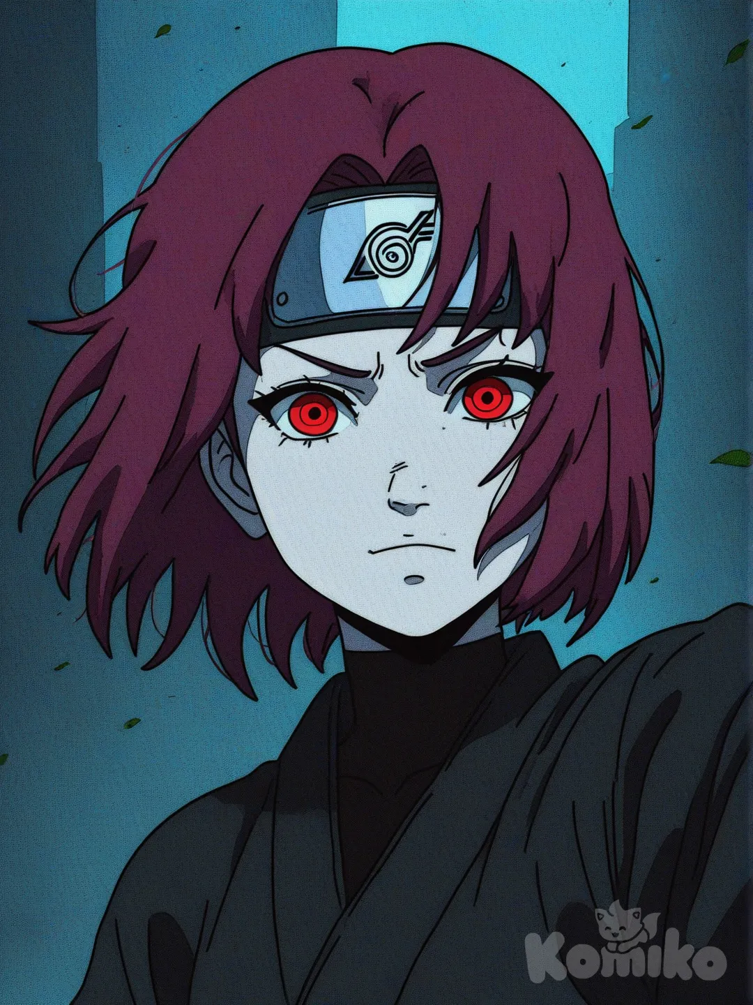 Minha oc para o anime de boruto next generation, nome Saori uchiha 13 anos criança ainda é cabelo de cor rosa escuro curto pele clara, ela usa roupas pretas mas ainda é caracterizadas que identificam que ela é uma ninja de konoha e ela também utiliza seu Sharingan, [action-manga-style] e detalhe muito bem o Sharingan