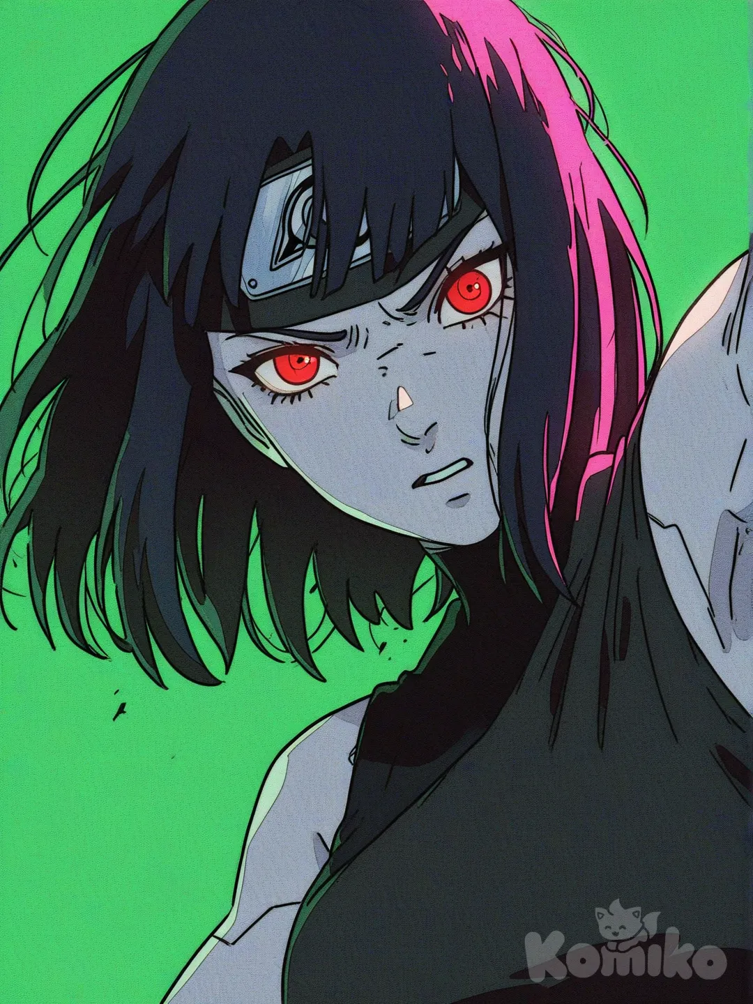 Minha oc para o anime de boruto next generation, nome Saori uchiha 13 anos criança ainda é cabelo de cor rosa escuro curto pele clara, ela usa roupas pretas mas ainda é caracterizadas que identificam que ela é uma ninja de konoha e ela também utiliza seu Sharingan, [action-manga-style] e detalhe muito bem o Sharingan dê um close up nos olhos Sharingan