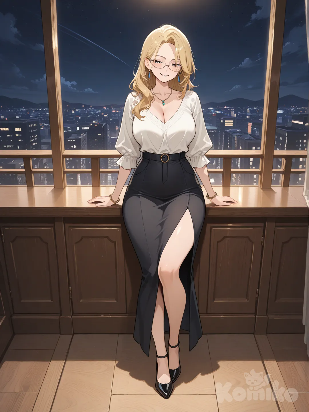 1girl, smirk, full body, looking at viewer, front profile photo, night, blonde, older woman, blonde hair, jewelry, glasses, necklace, bracelet hair down