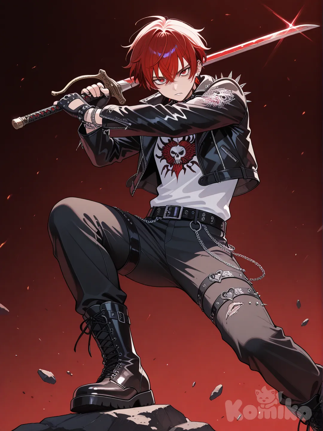 1boy, holding gun, holding sword, punk leather jacket