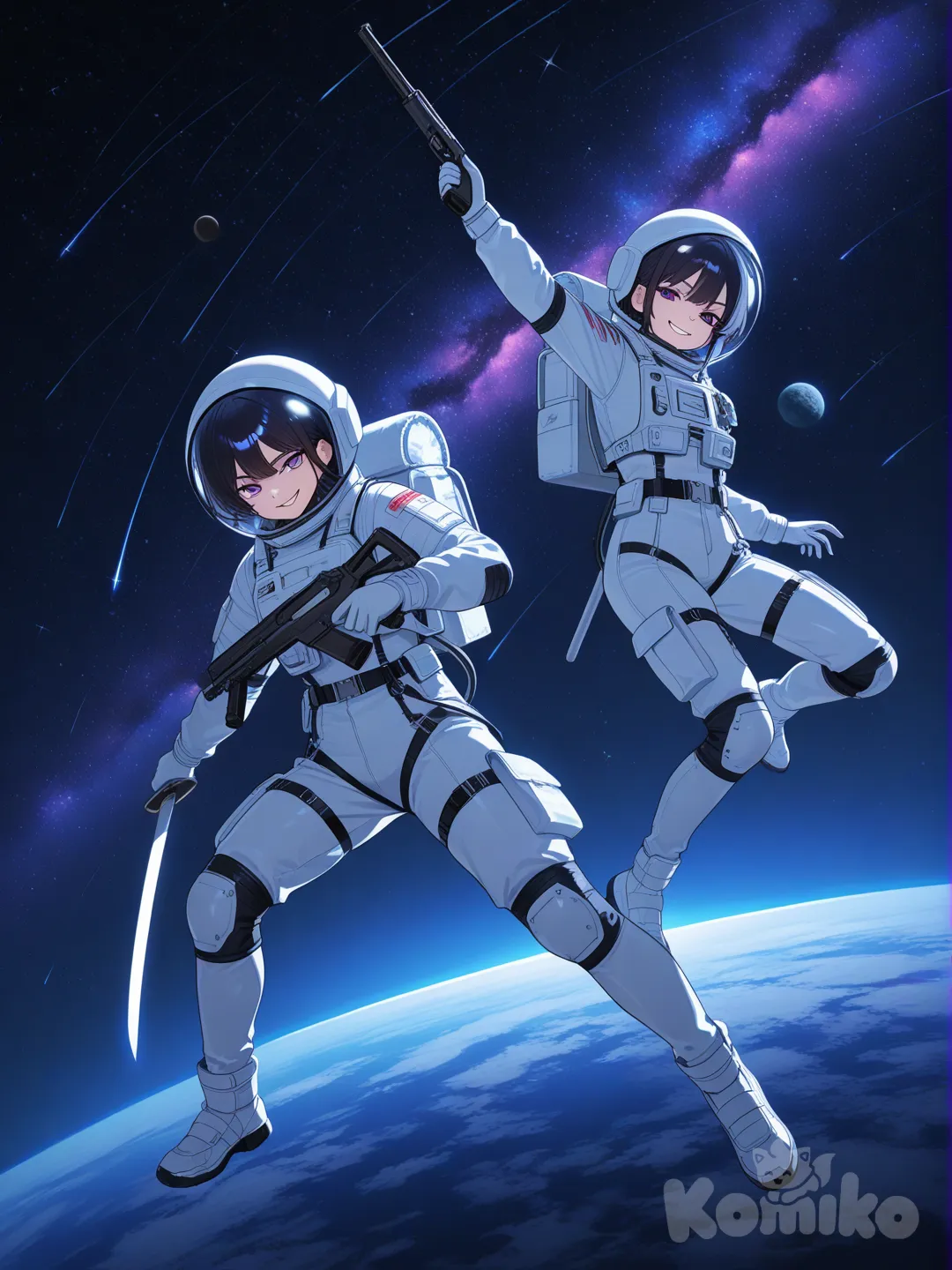 2girls, holding gun, holding sword, spacesuit, cosmic background, starry sky, evil smile