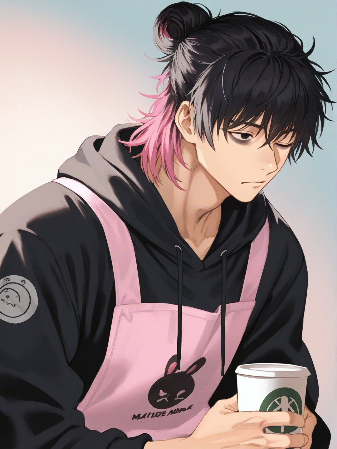 @kyle-voss-8fnI, [serious-man-style], looking at phone, one eye closed, expressionless, hoodie, jeans, apron, upper body, ambient light, gradient background