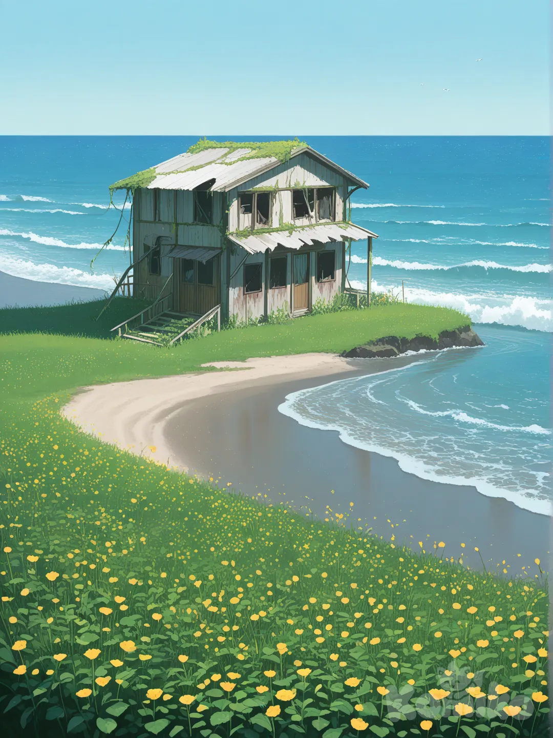 field of flowers, remnants of an old abandoned house on the beach