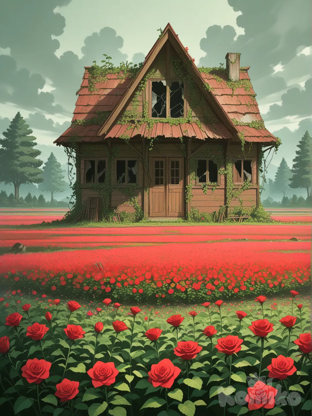 a field of roses and a abandoned house