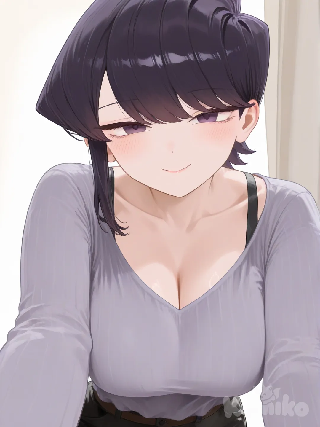 komi shuuko, komi-san wa komyushou desu, 1girl, mature female, black eyes, purple eyes, short hair, black hair, large breasts, collarbone, [sensual-glossy-style]