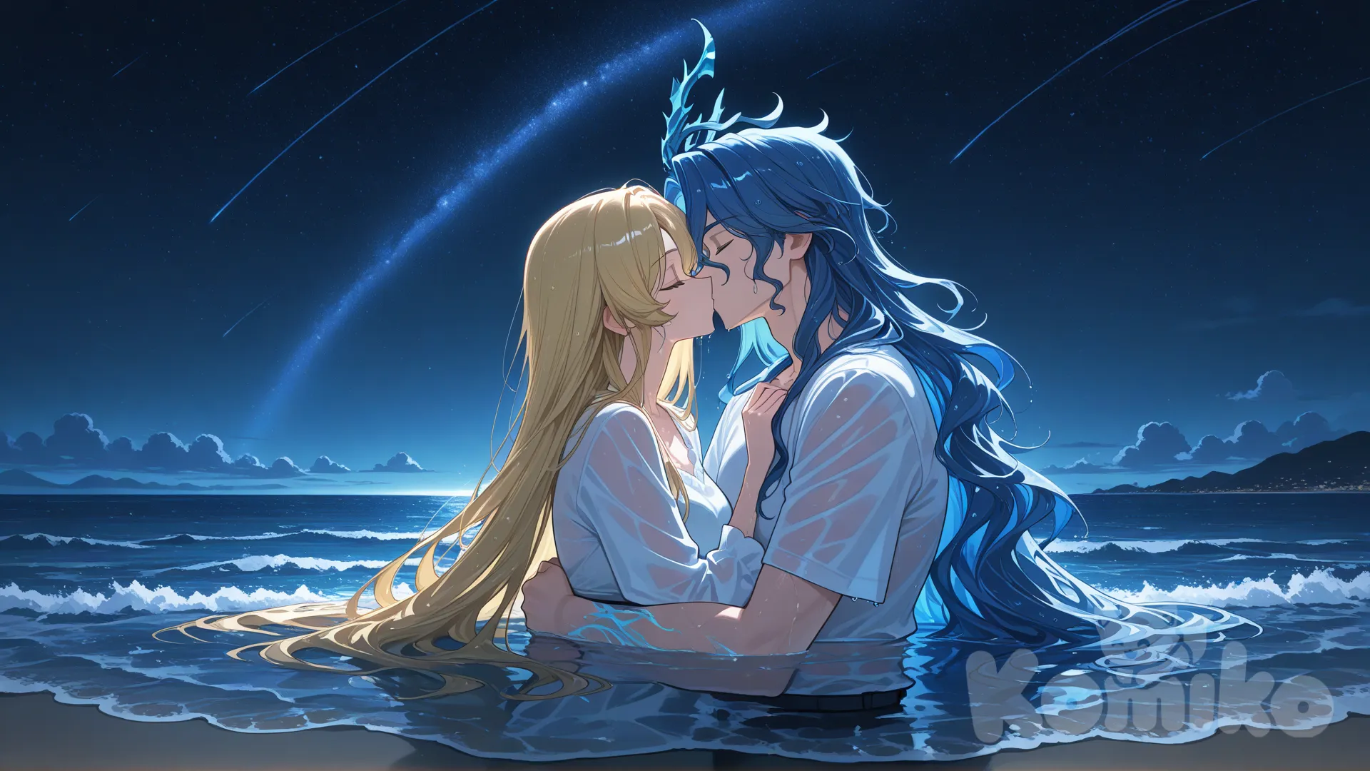 Poderia fazer uma imagem do personagem Poseidon com uma garota (da imagem de referência, e a garota tem 1,65 de altura) a beijando, com os dois na água do mar sobre a luz da lua