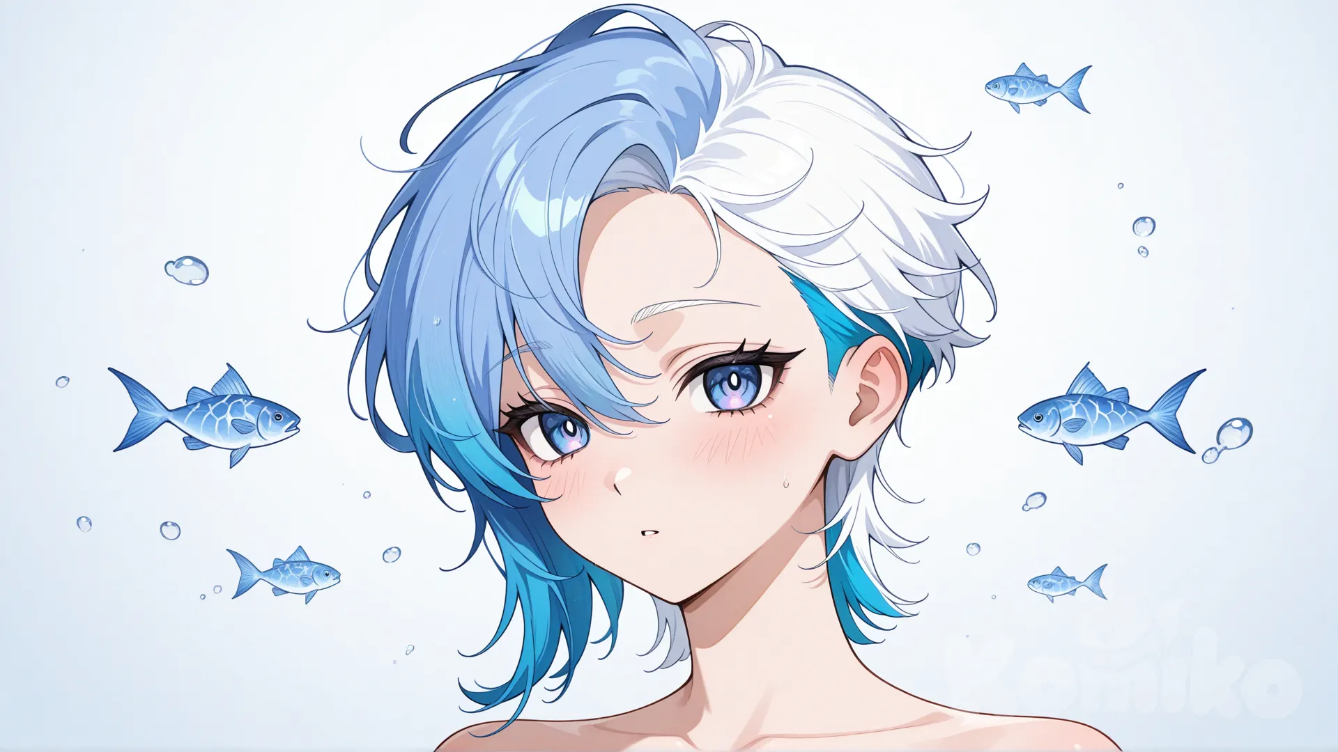 Poderia fazer uma imagem de uma representação humana do signo de peixes, com os cabelos curtos raspados do lado direito metade branco e metade azul