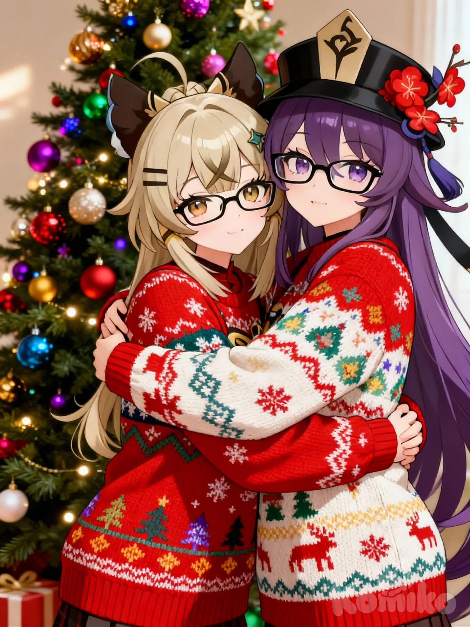 2girls, @Kirara_(Genshin_Impact), @Hu_Tao_(Genshin_Impact), 2people, hugging,christmas sweater, christmas, ugly sweater, print sweater, red sweater, christmas tree, christmas ornaments, sweater, multicolored sweater, looking at viewer, upper body, cinematic lighting, glasses