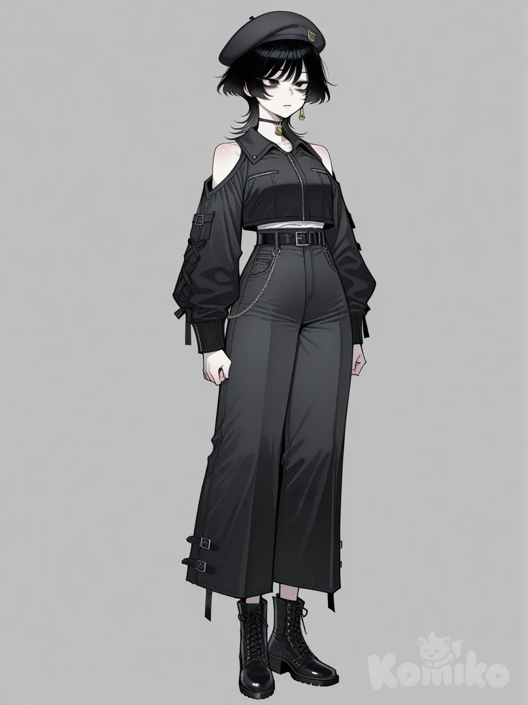 : She has a tall, slim figure. The lines of her body are clean and pretty, emphasizing height.Her hair is cut into a short, layered style that frames her face with loose, slightly tousled strands. The color is a deep, dark brown, nearly black, enhancing her pale complexion. Her facial features are striking and refined, with narrow eyes that carry a calm gaze.A dark beret sits neatly atop her head, She wears a fitted dark jacket tailored closely to her torso, structured at the shoulders and cinched at the waist with a belt.. Baggy black bell-bottom jeans. She pairs them with black boots. She's seems to be around 20-22 year old