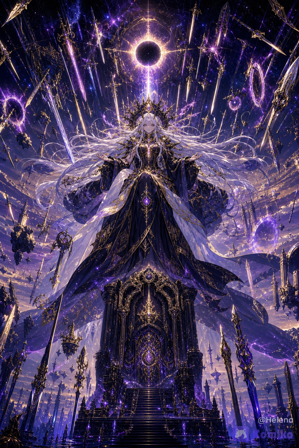 absolute ultra-8k anime illustration, official key visual, absurdres, breathtaking composition, sweet-painting-style, ART PRO, dark fantasy soulslike atmosphere, mythological scale, legendary final boss, ultimate world-ending entity, supreme cosmic sovereign, ancient primordial ruler, divine horror, creator and destroyer of universes, final phase boss, impossible power, overwhelming divine presence, 1girl, solo, floating above a colossal obsidian throne, emotionless expression, elegant and terrifying, silver-white hair extending like endless galaxies, glowing violet and golden eyes, celestial crown forged from stars and black holes, majestic black and gold divine armor mixed with flowing royal robes, intricate ornaments, glowing runic engravings, translucent cosmic fabrics, divine jewelry, regal appearance, the sky transformed into an infinite celestial armory, millions of legendary divine weapons floating across the heavens, enormous dimensional gates opening everywhere, endless swords, spears, halberds, greatswords, lances, axes, bows, scythes and holy relics emerging from portals, every weapon glowing with ancient divine energy, reality itself becoming an endless treasury of sacred weapons, colossal scale, throne larger than mountains, floating continents orbiting around her, shattered moons, broken planets, collapsing galaxies, black holes, nebulae, cosmic eclipse, fractured dimensions, reality breaking apart, gravity distortion, stars exploding, oceans of light, ruined celestial cathedral, ancient divine temple, gigantic floating ruins, impossible architecture, endless abyss beneath the battlefield, volumetric god rays, dramatic cinematic lighting, intense rim lighting, glowing particles, magical dust, purple and gold energy storms, divine aura, atmospheric depth, sharp focus, rich textures, intricate patterns, vibrant colors, flawless rendering, dynamic perspective, epic fantasy illustration, intimidating atmosphere, the last enemy of creation, the goddess before the end of the universe negative