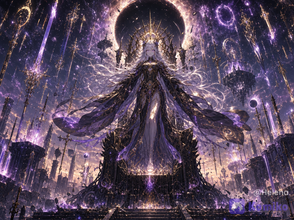 absolute ultra-8k anime illustration, official key visual, absurdres, breathtaking composition, sweet-painting-style, ART PRO, dark fantasy soulslike atmosphere, mythological scale, legendary final boss, ultimate world-ending entity, supreme cosmic sovereign, ancient primordial ruler, divine horror, creator and destroyer of universes, final phase boss, impossible power, overwhelming divine presence, 1girl, solo, floating above a colossal obsidian throne, emotionless expression, elegant and terrifying, silver-white hair extending like endless galaxies, glowing violet and golden eyes, celestial crown forged from stars and black holes, majestic black and gold divine armor mixed with flowing royal robes, intricate ornaments, glowing runic engravings, translucent cosmic fabrics, divine jewelry, regal appearance, the sky transformed into an infinite celestial armory, millions of legendary divine weapons floating across the heavens, enormous dimensional gates opening everywhere, endless swords, spears, halberds, greatswords, lances, axes, bows, scythes and holy relics emerging from portals, every weapon glowing with ancient divine energy, reality itself becoming an endless treasury of sacred weapons, colossal scale, throne larger than mountains, floating continents orbiting around her, shattered moons, broken planets, collapsing galaxies, black holes, nebulae, cosmic eclipse, fractured dimensions, reality breaking apart, gravity distortion, stars exploding, oceans of light, ruined celestial cathedral, ancient divine temple, gigantic floating ruins, impossible architecture, endless abyss beneath the battlefield, volumetric god rays, dramatic cinematic lighting, intense rim lighting, glowing particles, magical dust, purple and gold energy storms, divine aura, atmospheric depth, sharp focus, rich textures, intricate patterns, vibrant colors, flawless rendering, dynamic perspective, epic fantasy illustration, intimidating atmosphere, the last enemy of creation, the goddess before the end of the universe negative