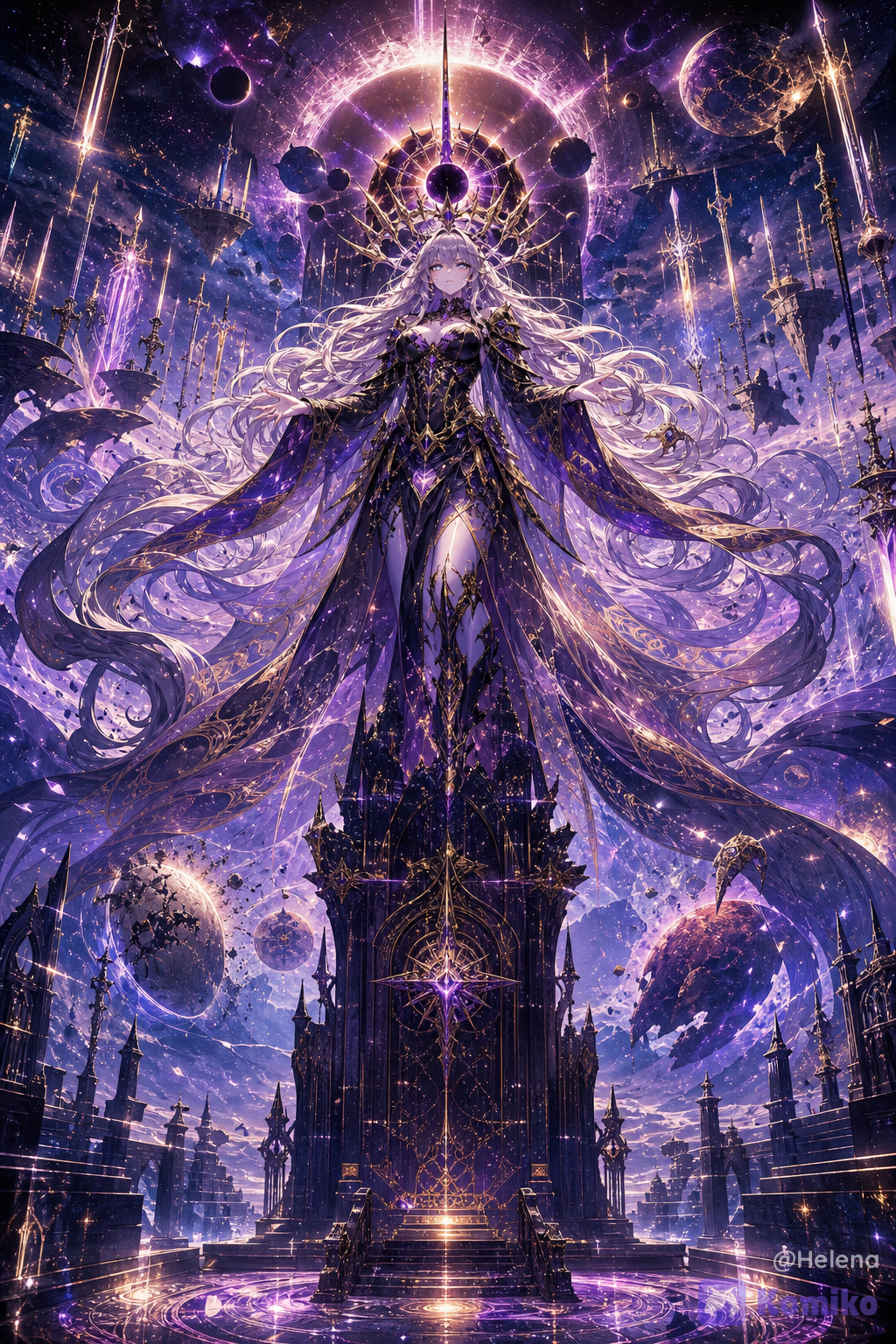 absolute ultra-8k anime illustration, official key visual, absurdres, breathtaking composition, sweet-painting-style, ART PRO, dark fantasy soulslike atmosphere, mythological scale, legendary final boss, ultimate world-ending entity, supreme cosmic sovereign, ancient primordial ruler, divine horror, creator and destroyer of universes, final phase boss, impossible power, overwhelming divine presence, 1girl, solo, floating above a colossal obsidian throne, emotionless expression, elegant and terrifying, silver-white hair extending like endless galaxies, glowing violet and golden eyes, celestial crown forged from stars and black holes, majestic black and gold divine armor mixed with flowing royal robes, intricate ornaments, glowing runic engravings, translucent cosmic fabrics, divine jewelry, regal appearance, the sky transformed into an infinite celestial armory, millions of legendary divine weapons floating across the heavens, enormous dimensional gates opening everywhere, endless swords, spears, halberds, greatswords, lances, axes, bows, scythes and holy relics emerging from portals, every weapon glowing with ancient divine energy, reality itself becoming an endless treasury of sacred weapons, colossal scale, throne larger than mountains, floating continents orbiting around her, shattered moons, broken planets, collapsing galaxies, black holes, nebulae, cosmic eclipse, fractured dimensions, reality breaking apart, gravity distortion, stars exploding, oceans of light, ruined celestial cathedral, ancient divine temple, gigantic floating ruins, impossible architecture, endless abyss beneath the battlefield, volumetric god rays, dramatic cinematic lighting, intense rim lighting, glowing particles, magical dust, purple and gold energy storms, divine aura, atmospheric depth, sharp focus, rich textures, intricate patterns, vibrant colors, flawless rendering, dynamic perspective, epic fantasy illustration, intimidating atmosphere, the last enemy of creation, the goddess before the end of the universe negative
