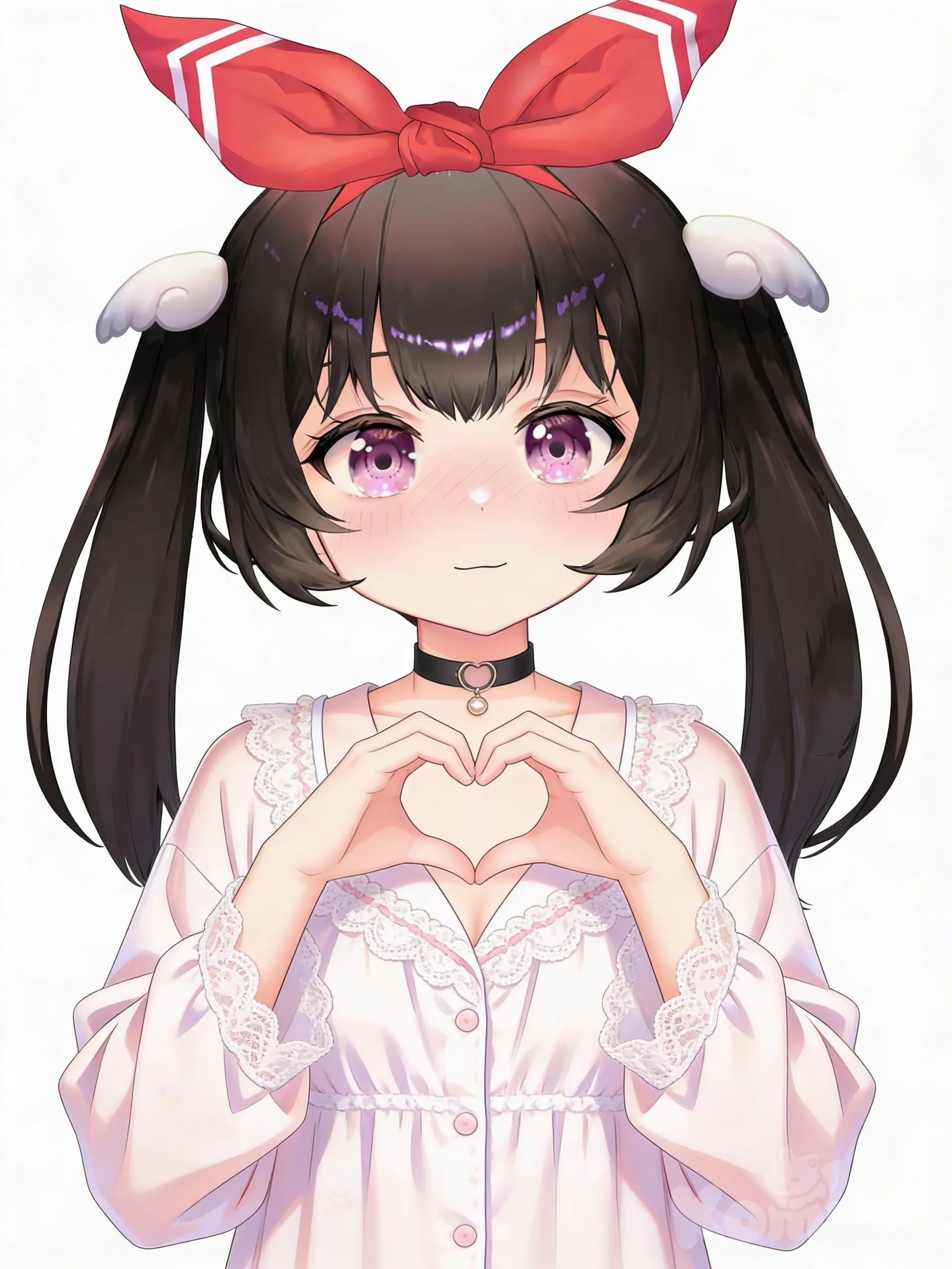 @rurikawa-kokomi-SK6w , blush, heart hands, pajamas, lace, choker, twin tails, looking at viewer, white background