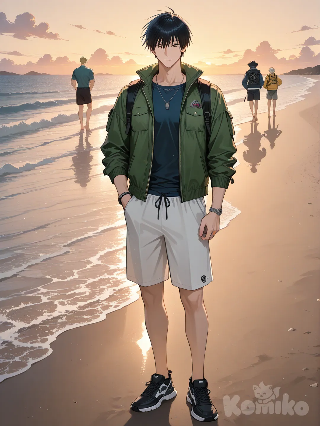 Gojou Satoru, beach shorts, outdoor adventure jacket, full body, medium long shot, Nanami Kento, Fushiguro Touji