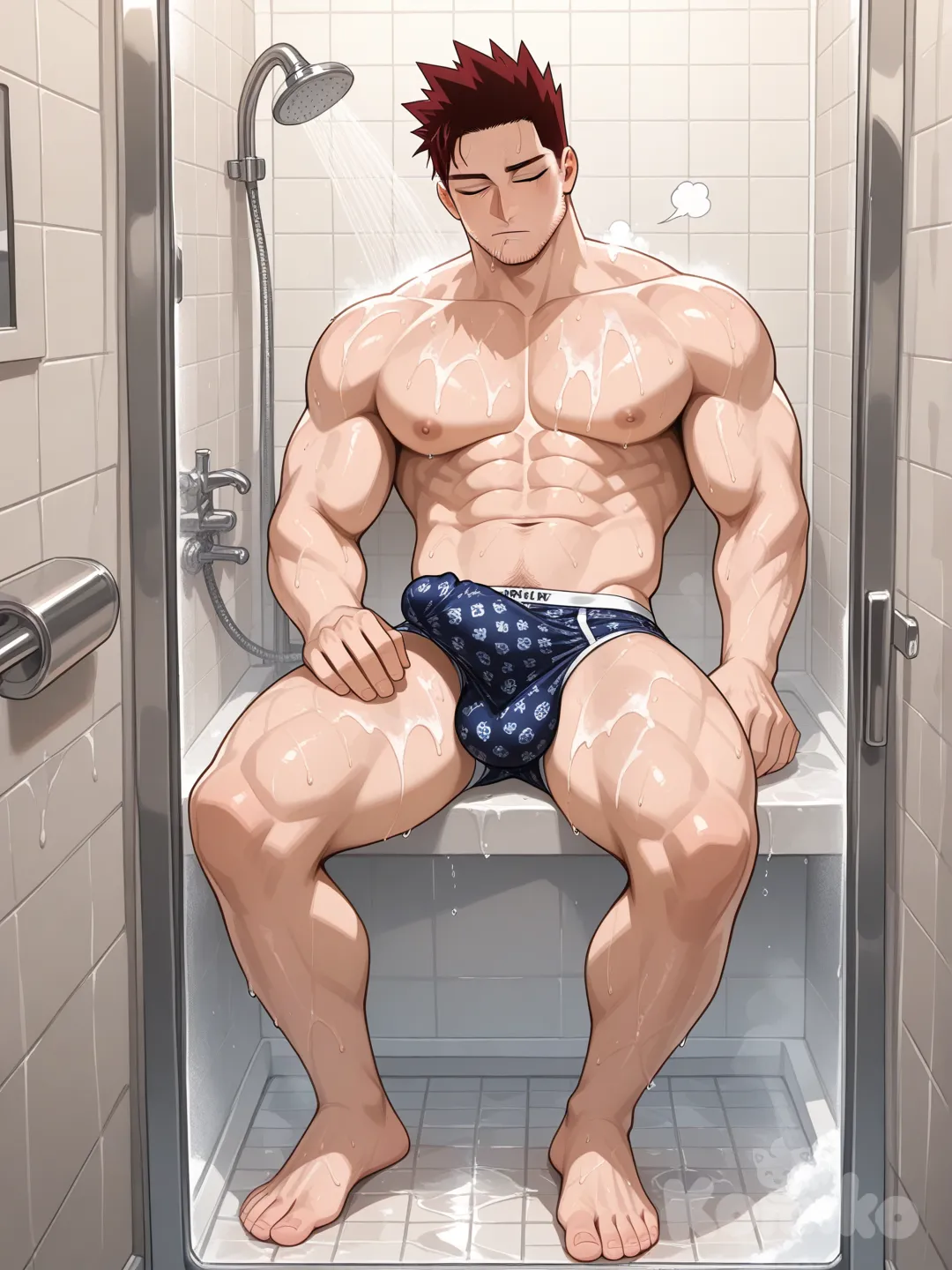 @Endeavor_(Boku_No_Hero_Academia) Asleep in the shower in patterned underwear while his penis is erect , full body