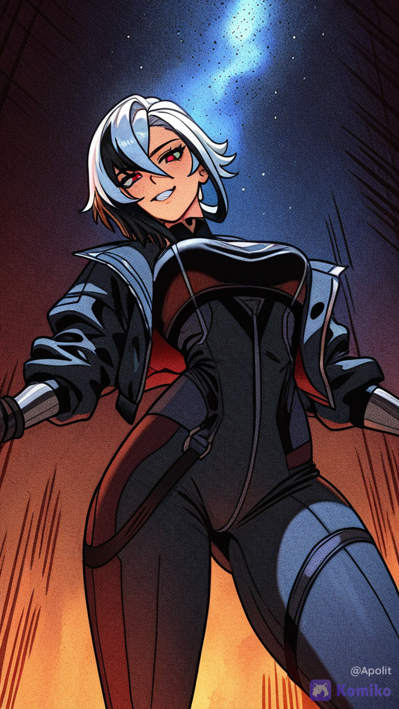 [action-manga-style], 3d, 1girl, @Arlecchino_(Genshin_Impact), @Raven_(Dc), evil smile, battle outfit, streetwear outfit, charcoal black, burgundy, navy blue, depth of field, night, cosmic background, starry sky