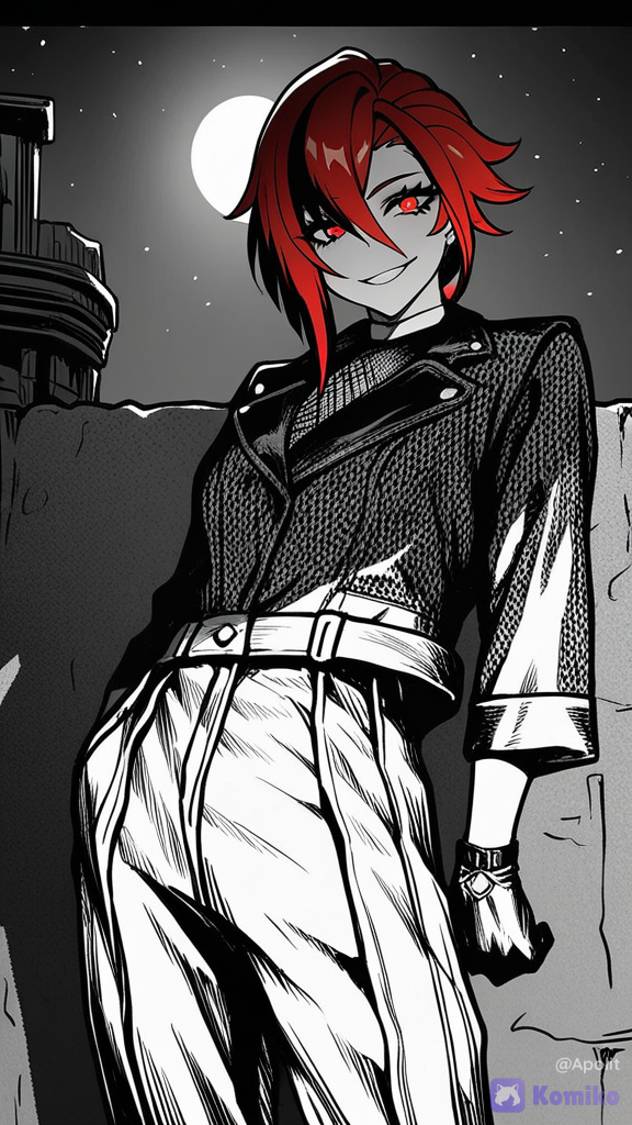 [dynamic-ink-style], 3d, 1girl, @Arlecchino_(Genshin_Impact), @Raven_(Dc), evil smile, battle outfit, streetwear outfit, charcoal black, burgundy, navy blue, depth of field, night, cosmic background, starry sky, mohawk, chainmail, leather, волосы лилово-красного цвета