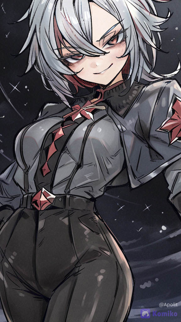 [soft-wash-sketch-style], 3d, 1girl, @Arlecchino_(Genshin_Impact), @Raven_(Dc), evil smile, battle outfit, streetwear outfit, charcoal black, burgundy, navy blue, depth of field, night, cosmic background, starry sky, mohawk, chainmail, leather, волосы лилово-красного цвета