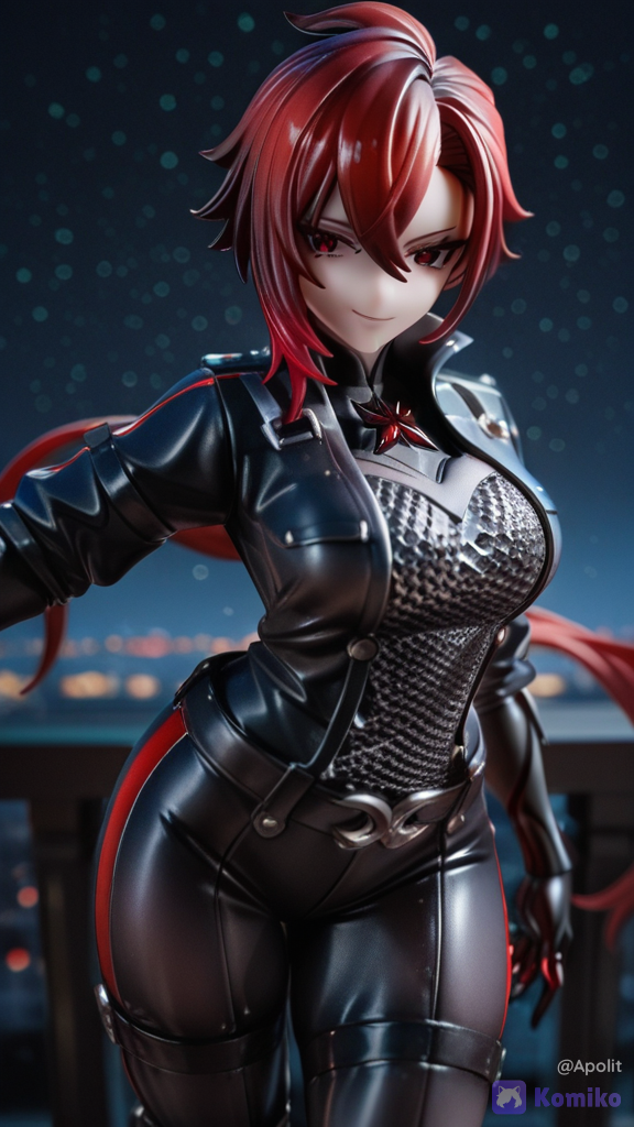 [glossy-figurine-style], 3d, 1girl, @Arlecchino_(Genshin_Impact), @Raven_(Dc), evil smile, battle outfit, streetwear outfit, charcoal black, burgundy, navy blue, depth of field, night, cosmic background, starry sky, mohawk, chainmail, leather, волосы лилово-красного цвета, телосложение атлетическое