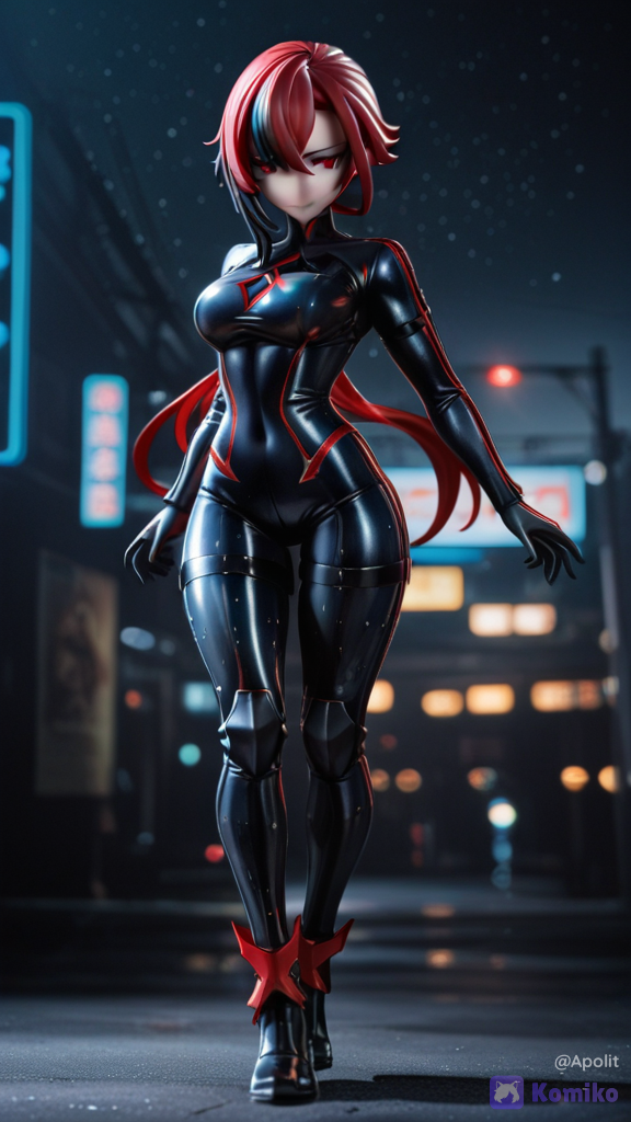 [glossy-figurine-style], 3d, 1girl, @Arlecchino_(Genshin_Impact), @Raven_(Dc), evil smile, battle outfit, streetwear outfit, charcoal black, burgundy, navy blue, depth of field, night, cosmic background, starry sky, mohawk, chainmail, leather, волосы лилово-красного цвета, телосложение атлетическое, full body, rainy street