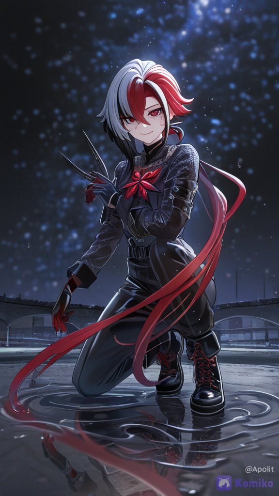 [ethereal-fantasy-style], 3d, 1girl, @Arlecchino_(Genshin_Impact), @Raven_(Dc), evil smile, battle outfit, streetwear outfit, charcoal black, burgundy, navy blue, depth of field, night, cosmic background, starry sky, mohawk, chainmail, leather, волосы лилово-красного цвета, телосложение атлетическое, full body, rainy street